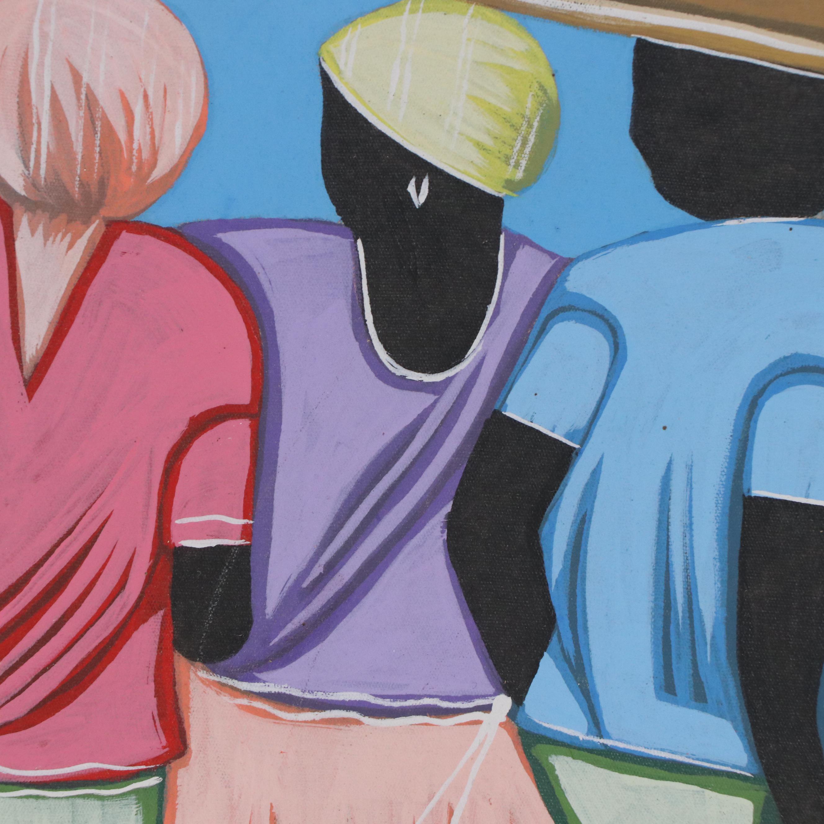 Mackena Haitian Style Acrylic Painting of Gathered Figures with Baskets