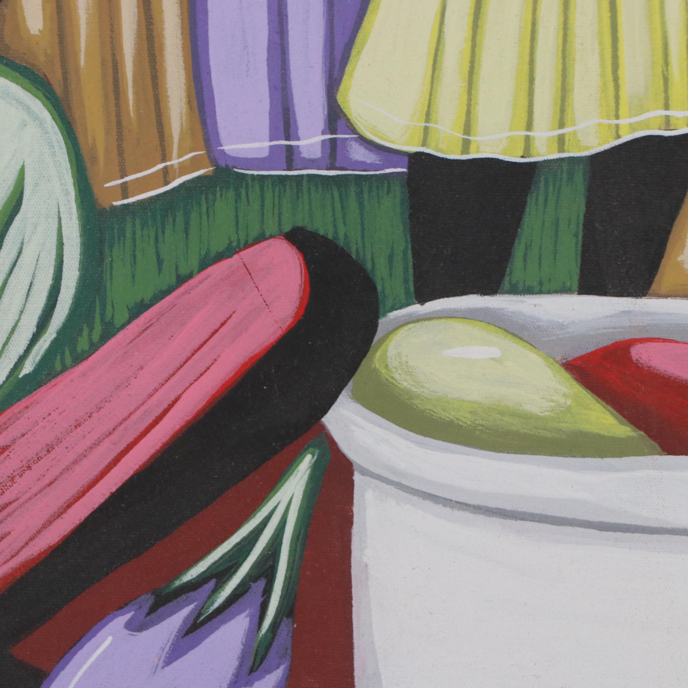 Mackena Haitian Style Acrylic Painting of Gathered Figures with Baskets