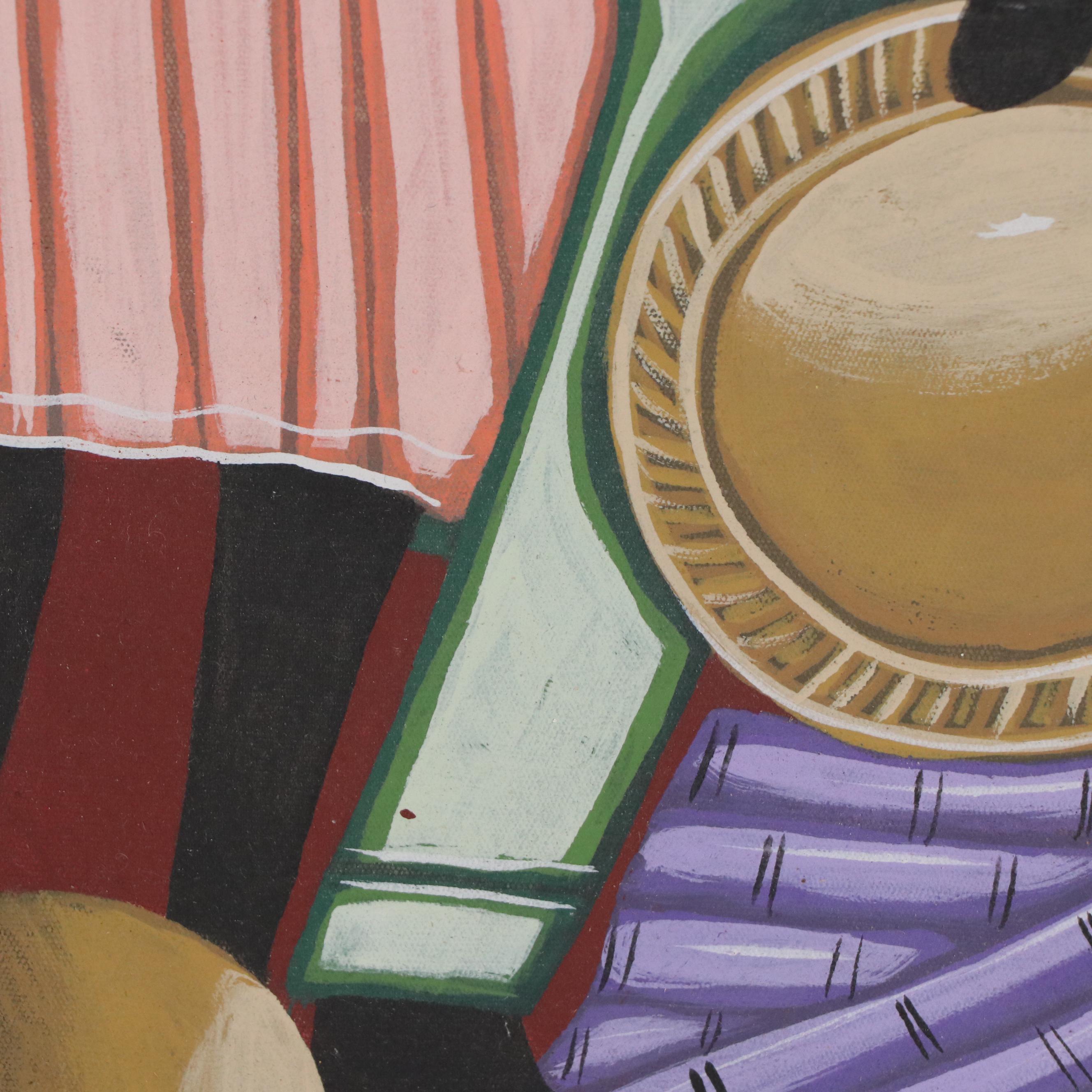 Mackena Haitian Style Acrylic Painting of Gathered Figures with Baskets