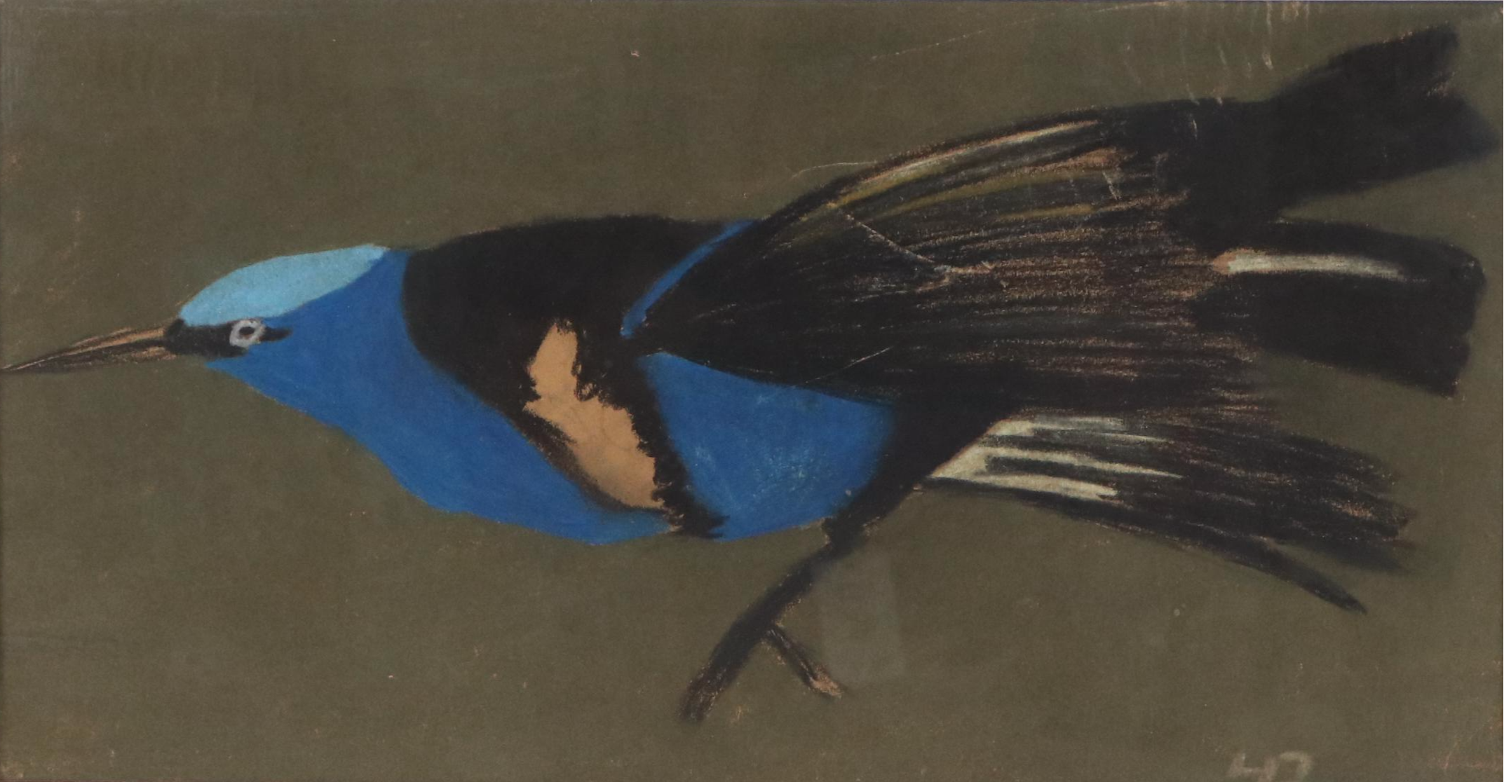 Achmann Stylized Chalk Pastel Drawing of Bird with Blue and Black Plumage