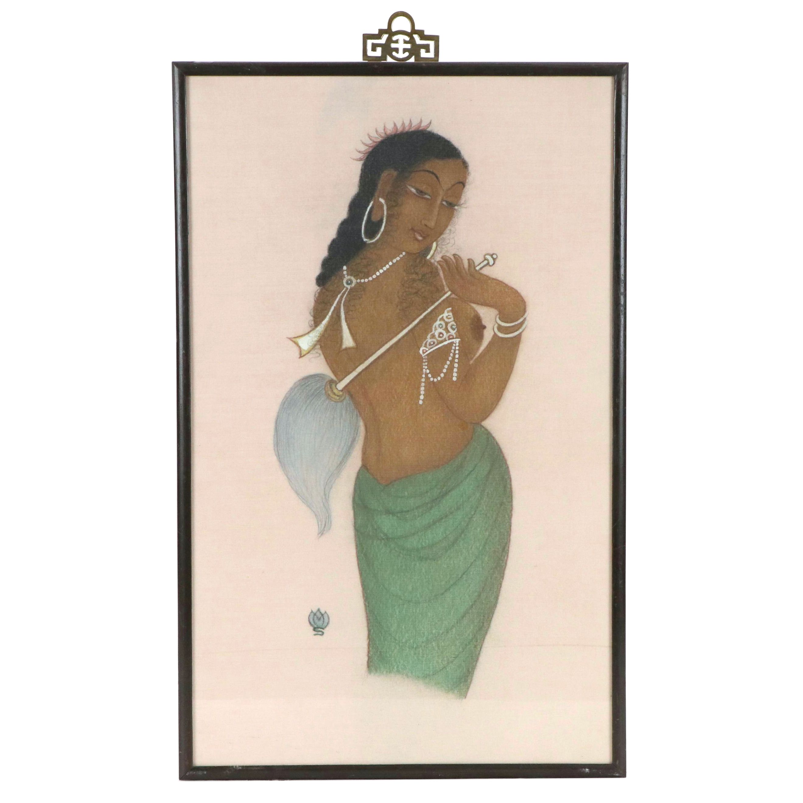 Indian School Gouache Portrait of Woman with Duster