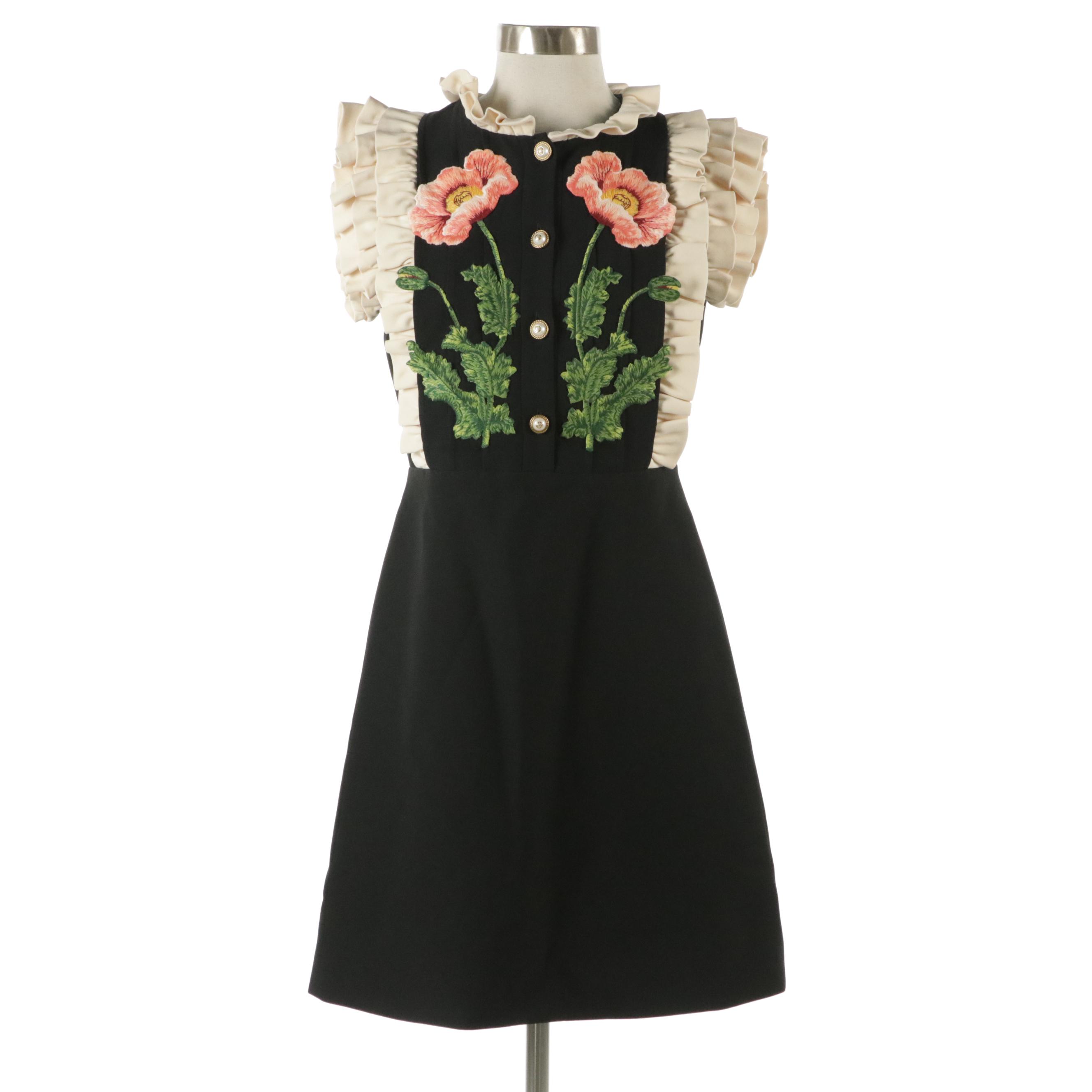 Gucci Floral Embroidered Ruffle Dress in Wool Crepe