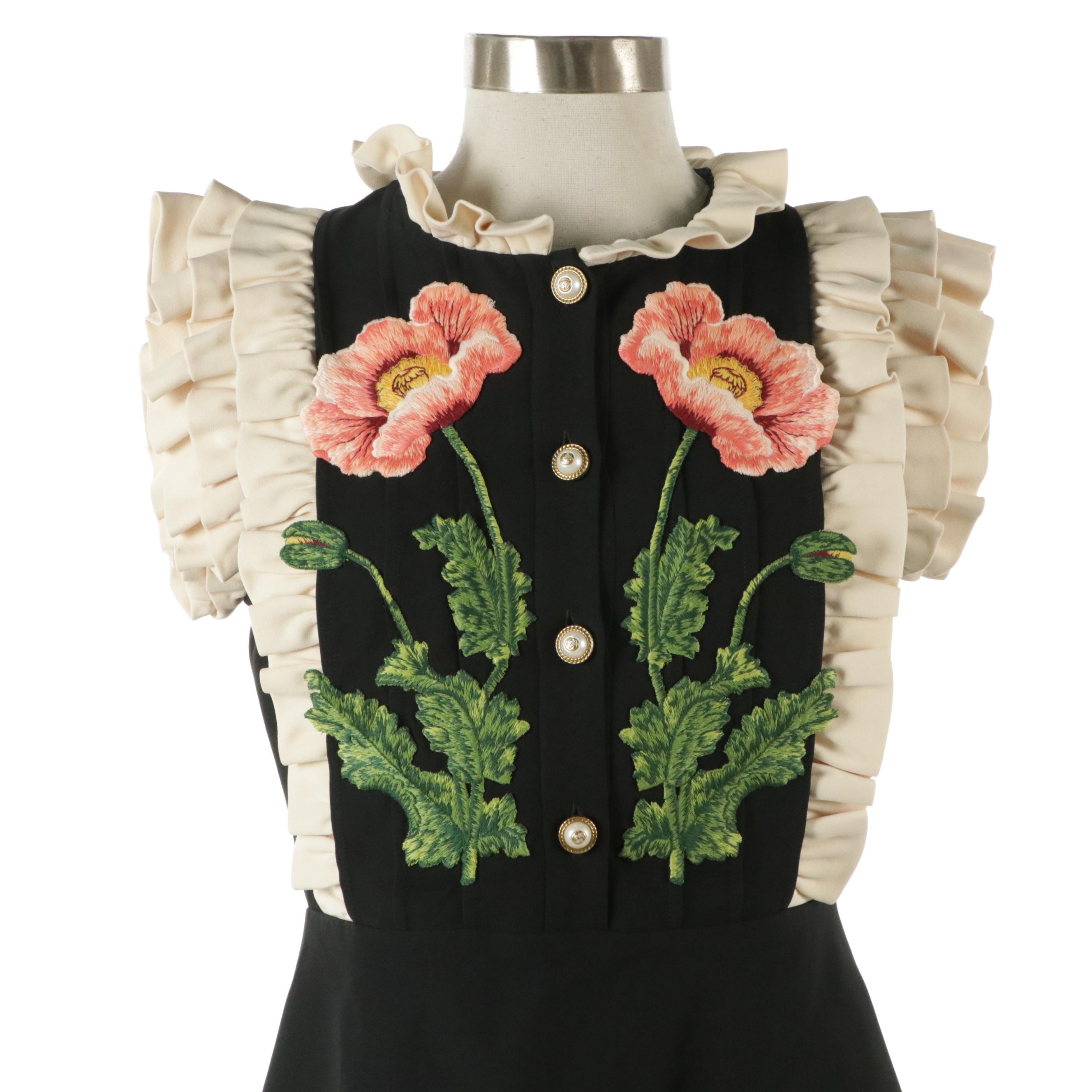 Gucci Floral Embroidered Ruffle Dress in Wool Crepe