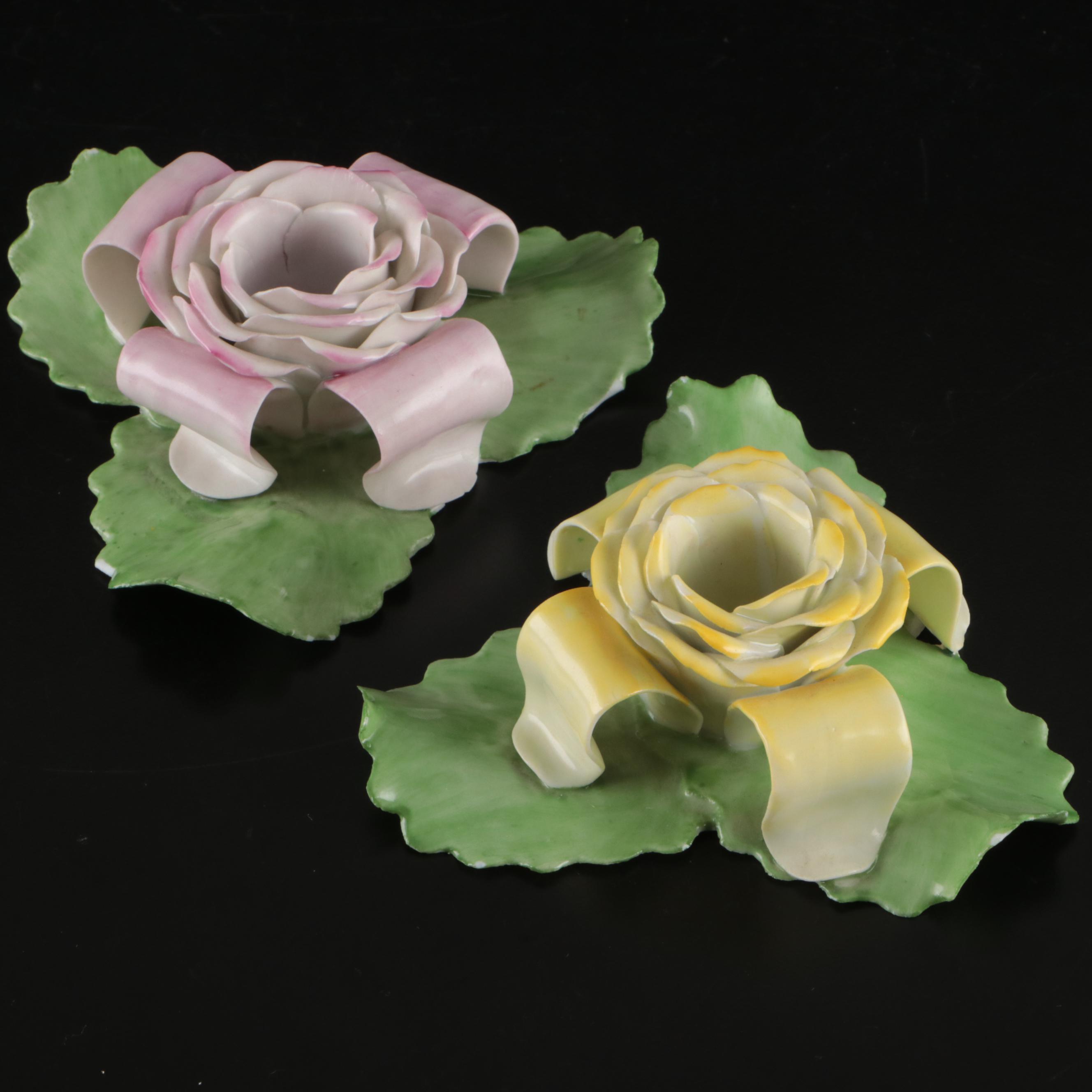 Herend Porcelain Rose Candlesticks