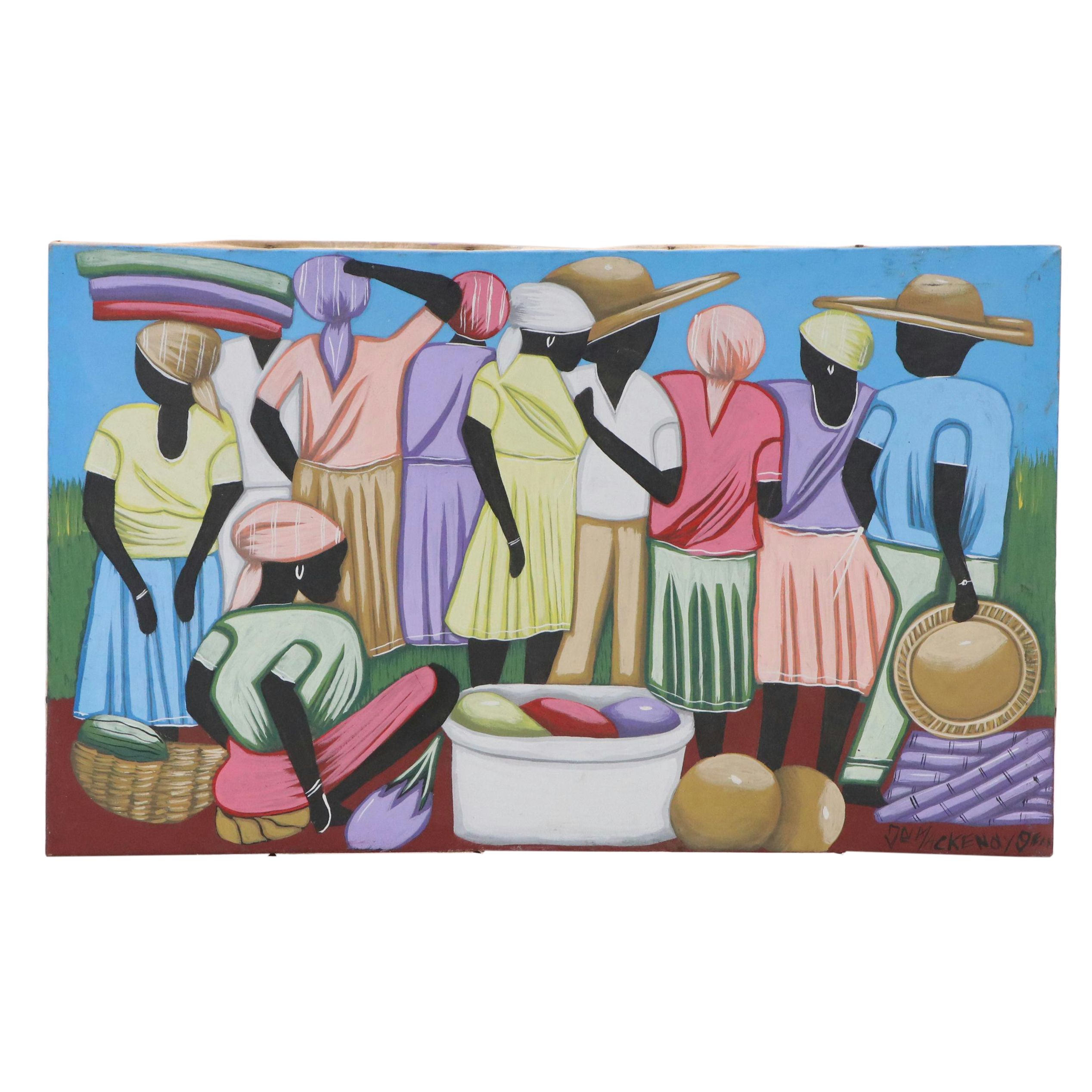 Mackena Haitian Style Acrylic Painting of Gathered Figures with Baskets