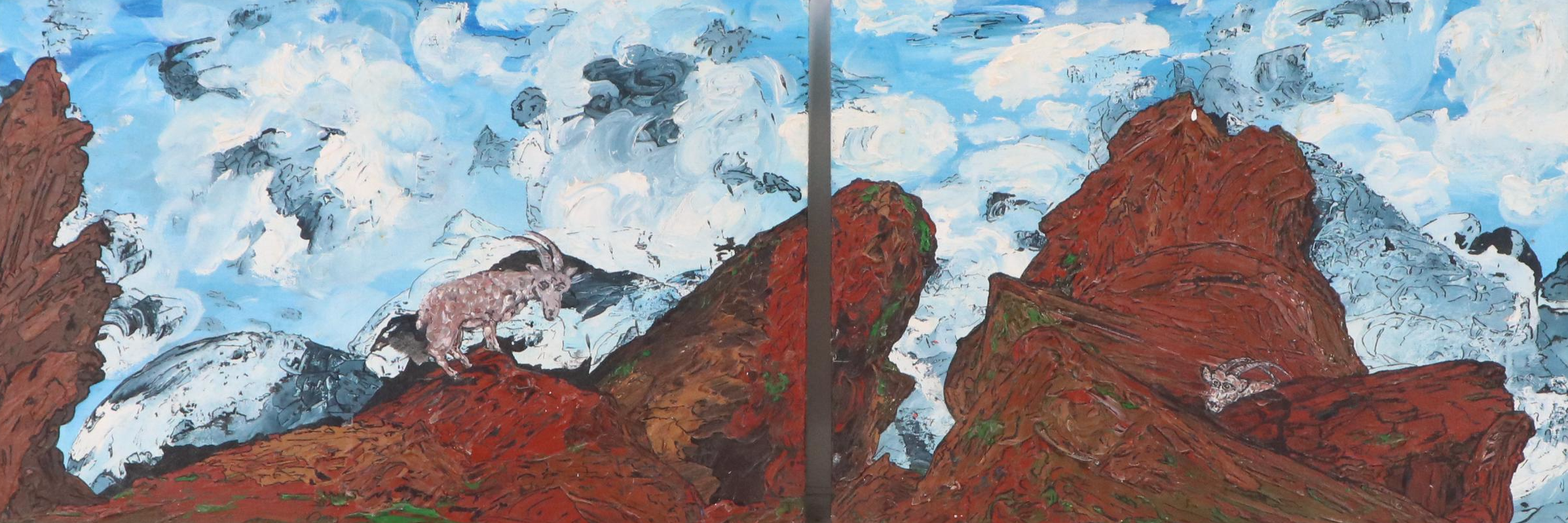 Stylized Diptych Oil Paintings of Mountain Goats "Unsteady At The Top," 1992