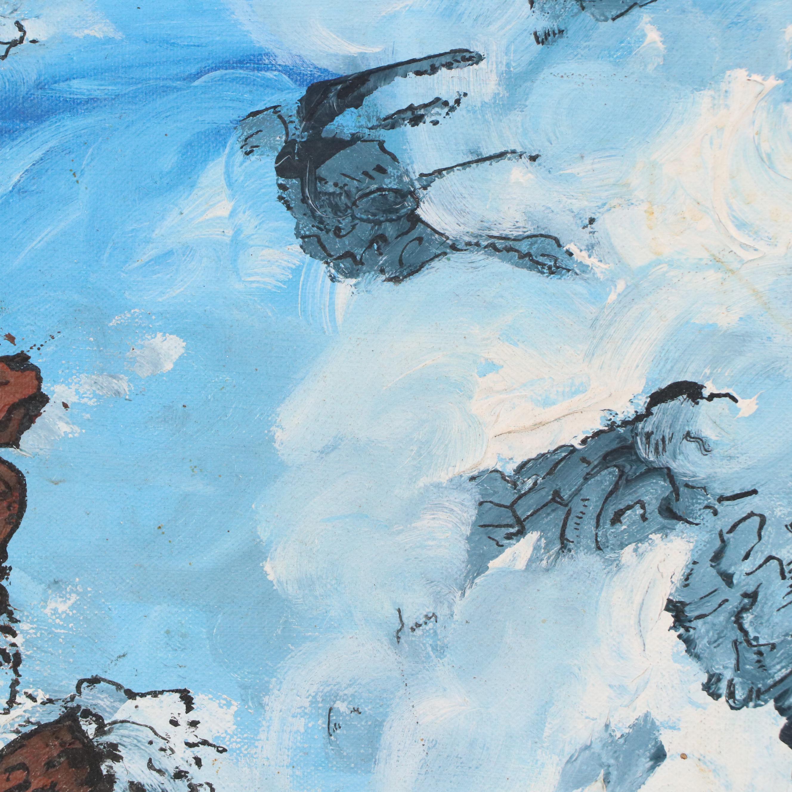 Stylized Diptych Oil Paintings of Mountain Goats "Unsteady At The Top," 1992