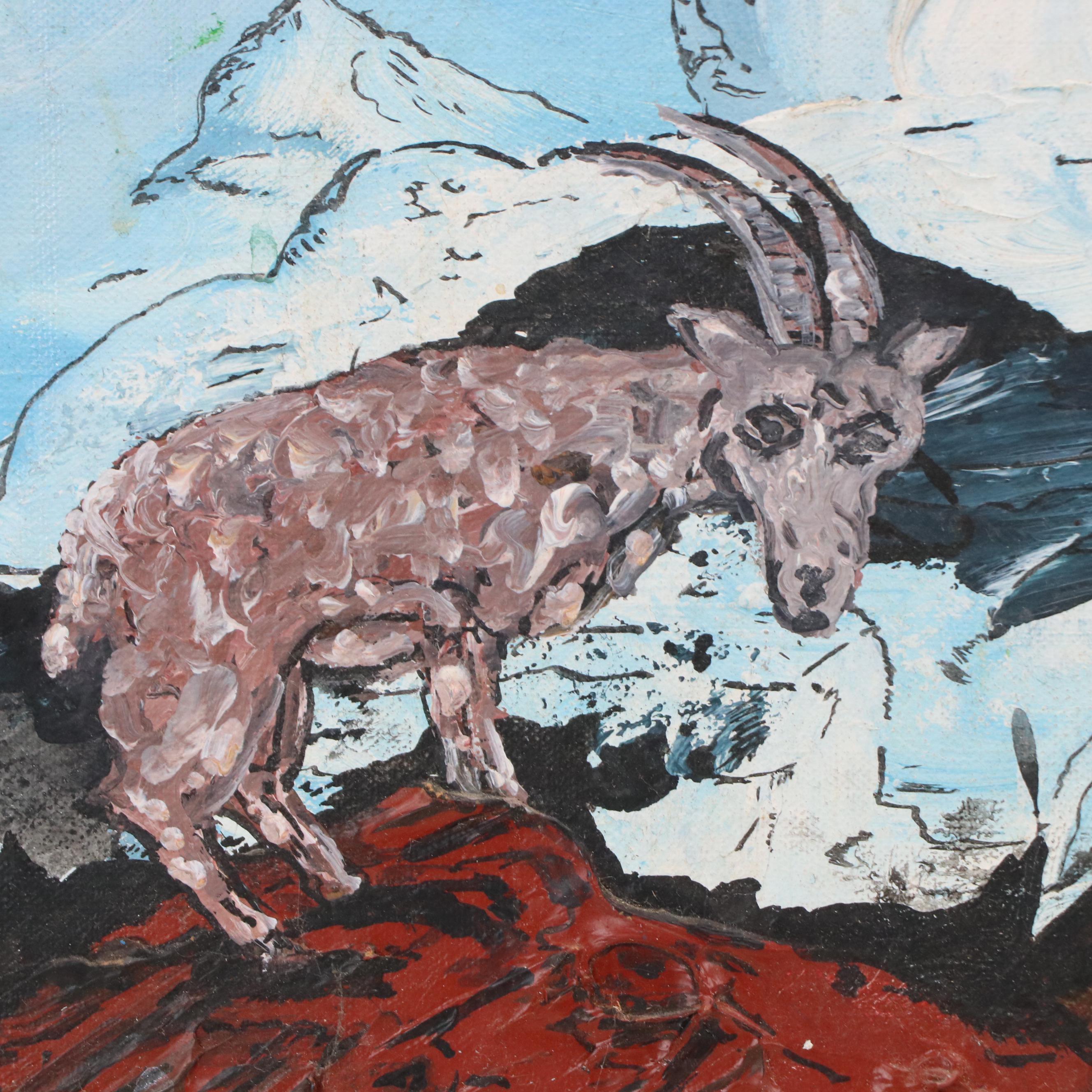 Stylized Diptych Oil Paintings of Mountain Goats "Unsteady At The Top," 1992
