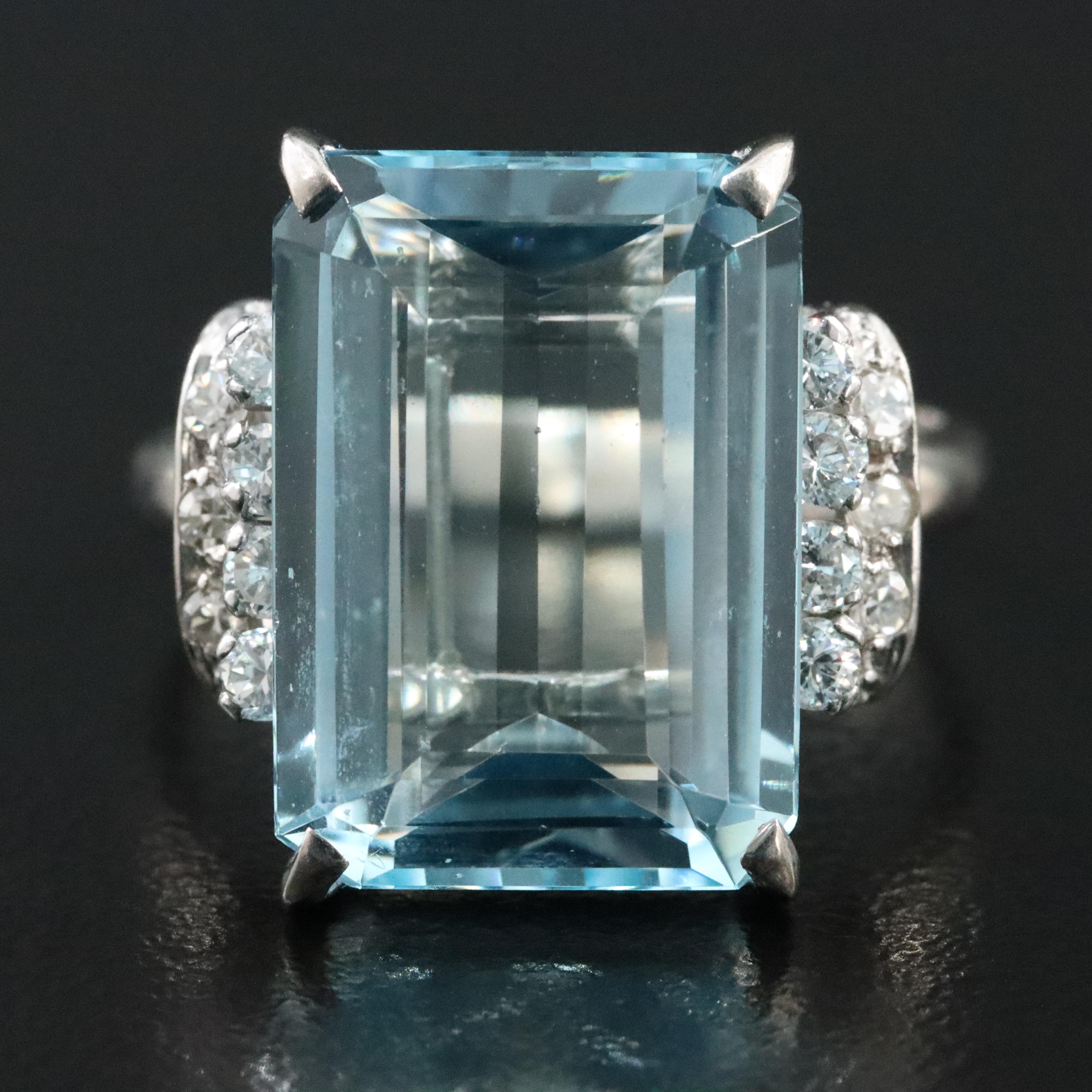 Vintage 10K 8.78 CT Aquamarine and Diamond Ring