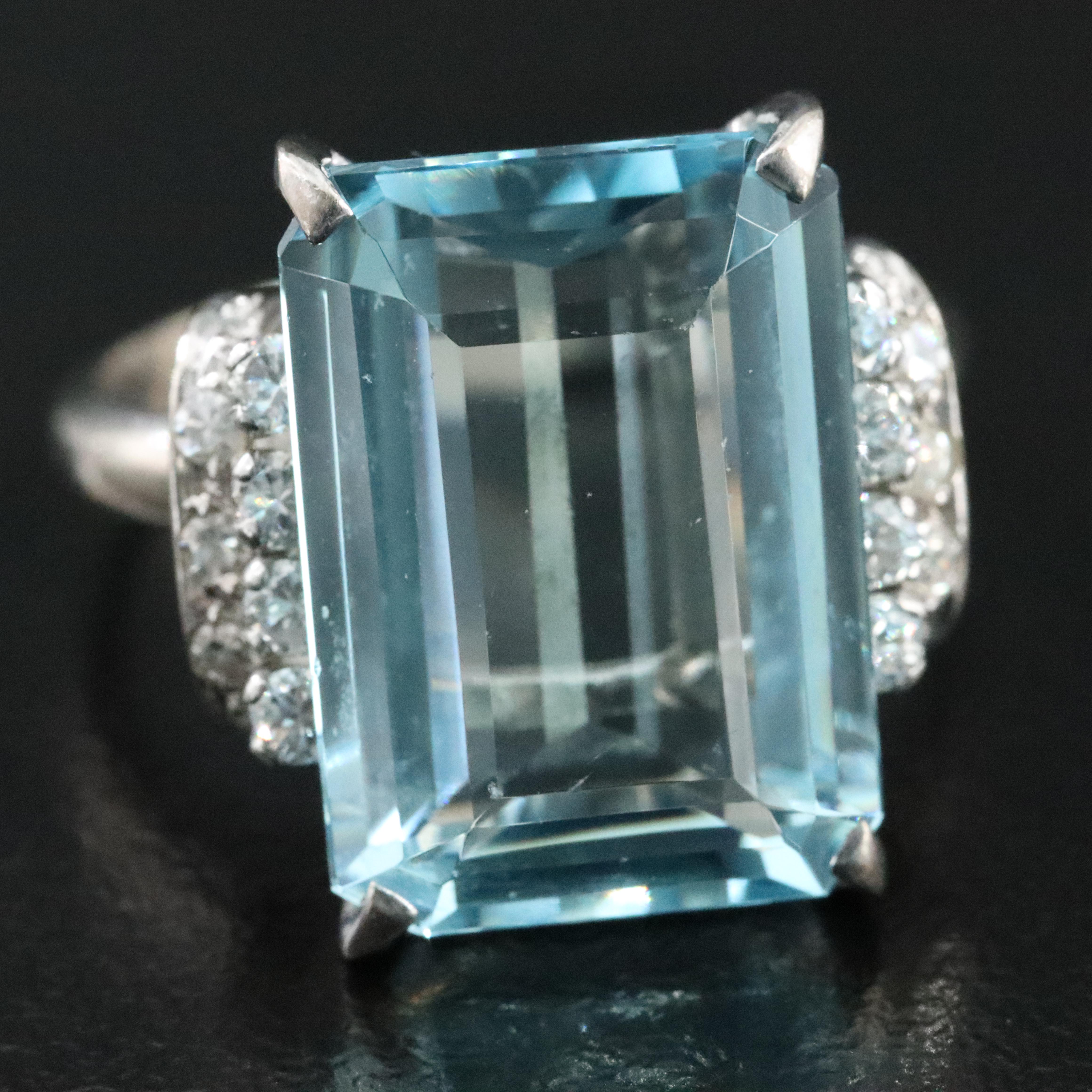 Vintage 10K 8.78 CT Aquamarine and Diamond Ring