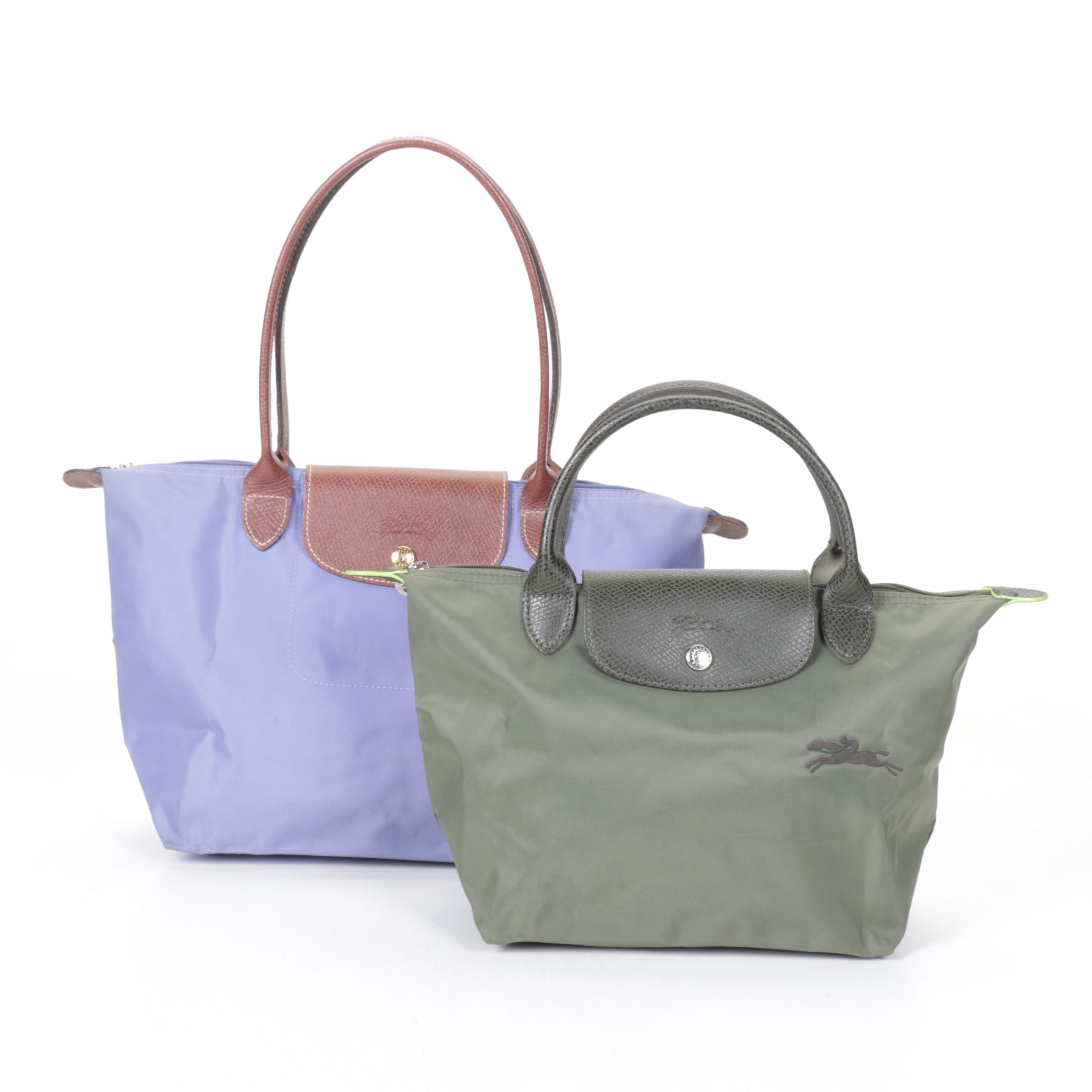Longchamp Periwinkle & Green "Le Pliage" Small & Medium Tote Bags