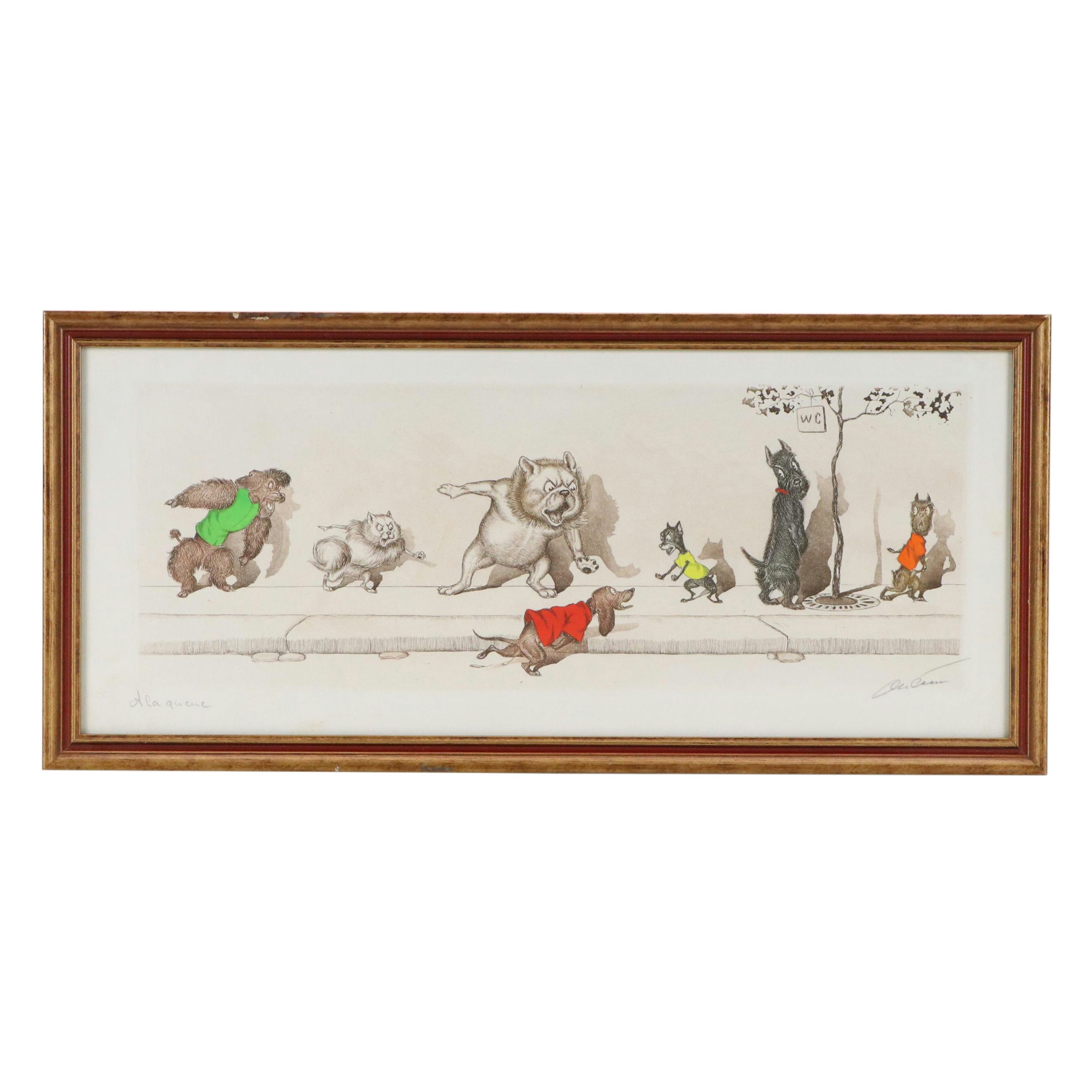 Boris O'Klein Hand-Colored Etching with Aquatint "À La Queue"