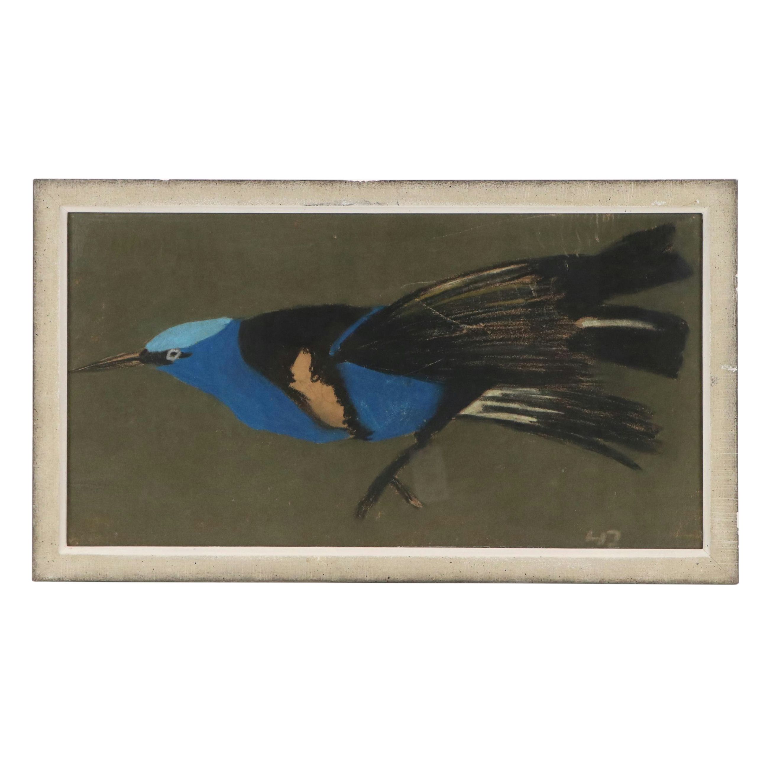 Achmann Stylized Chalk Pastel Drawing of Bird with Blue and Black Plumage