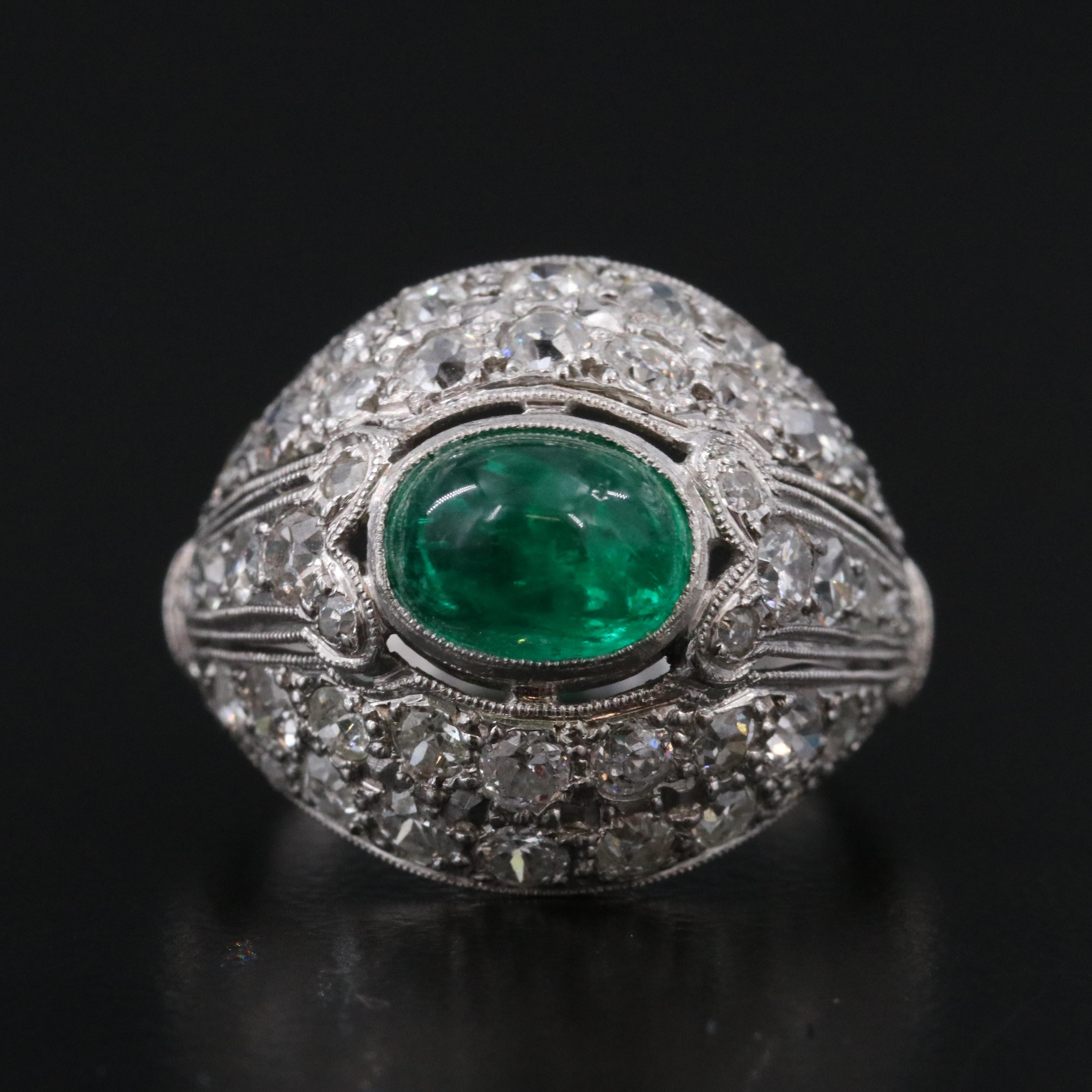 Vintage Platinum Emerald and 1.95 CTW Diamond Dome Ring