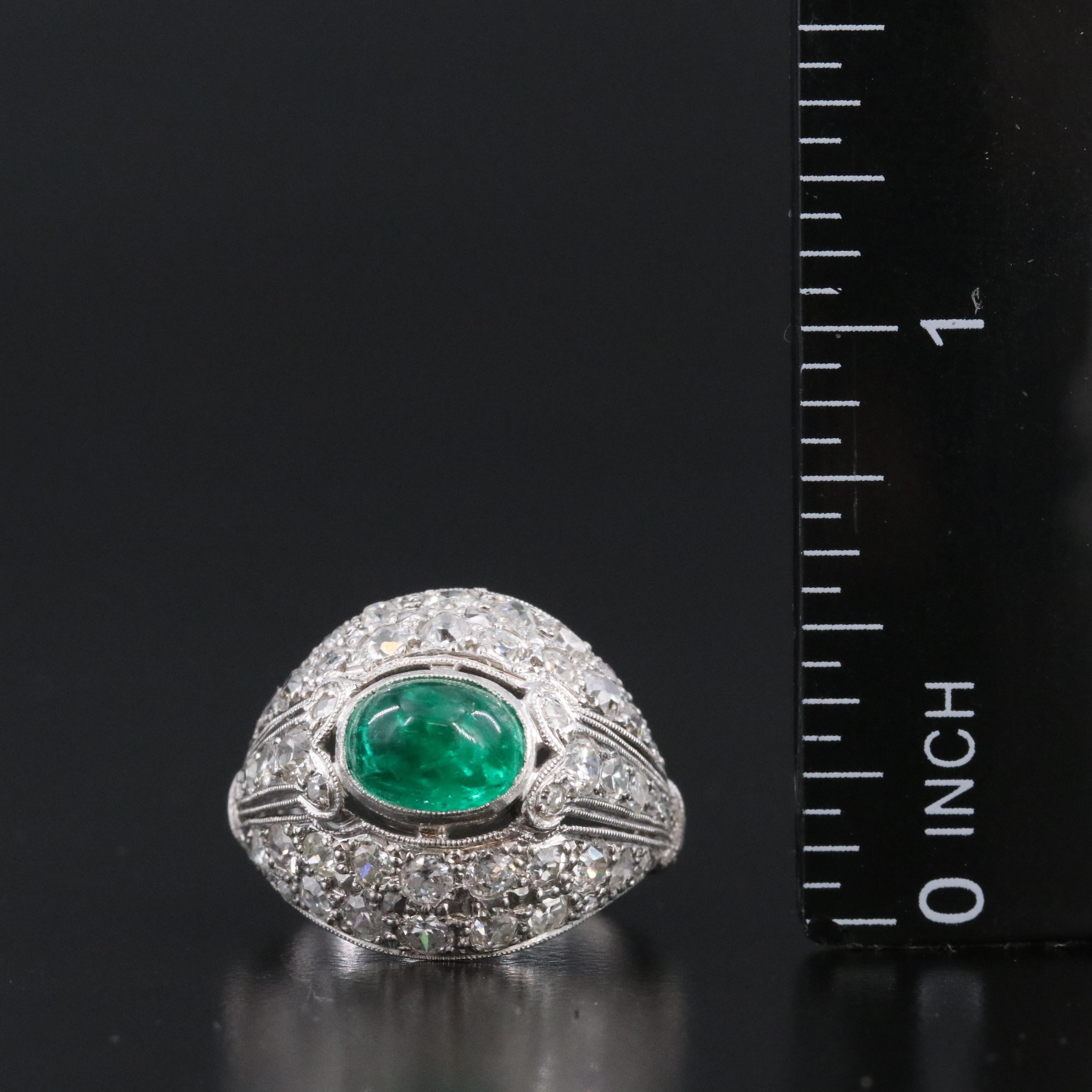 Vintage Platinum Emerald and 1.95 CTW Diamond Dome Ring