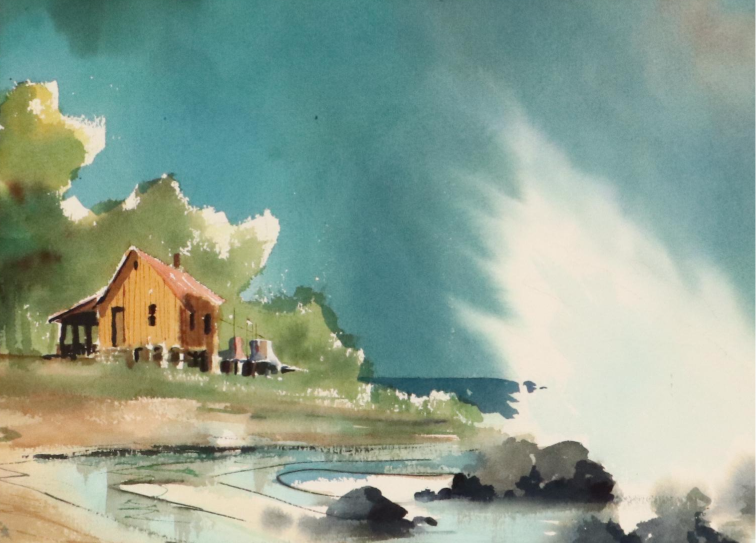 Watercolor Painting of House on Rocky Beach, Mid-20th Century