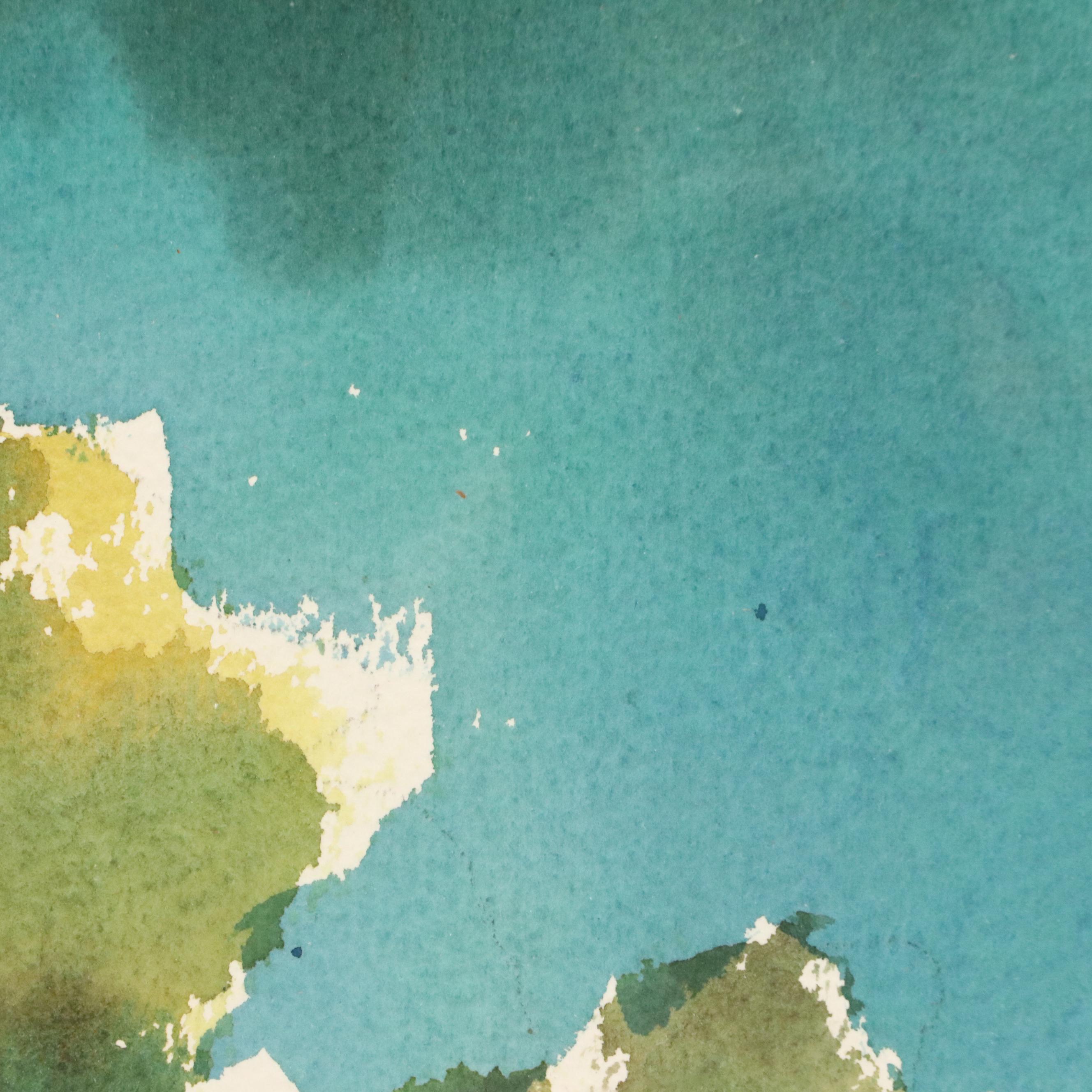 Watercolor Painting of House on Rocky Beach, Mid-20th Century