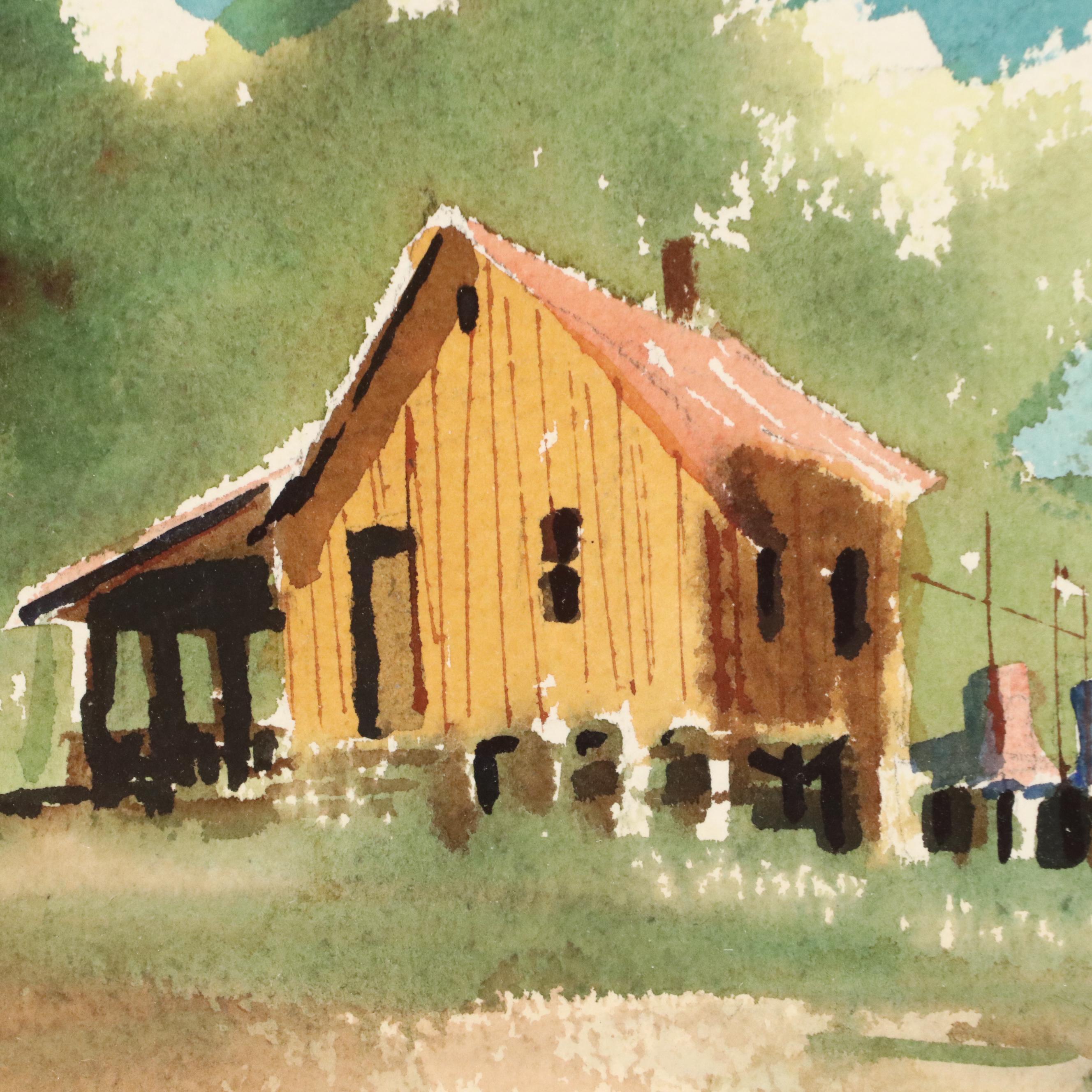 Watercolor Painting of House on Rocky Beach, Mid-20th Century