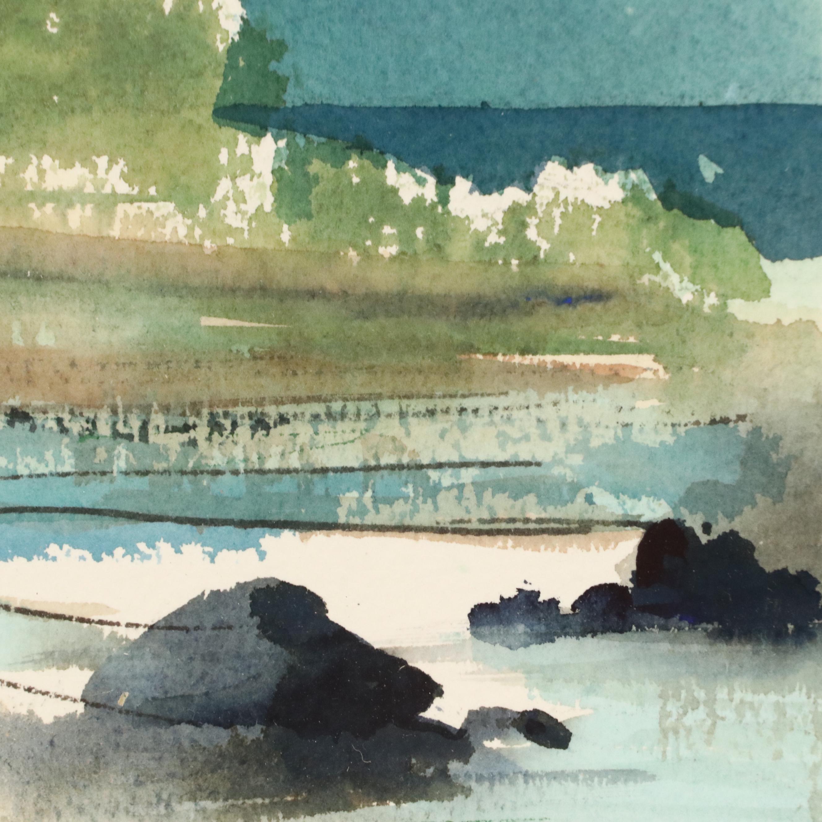 Watercolor Painting of House on Rocky Beach, Mid-20th Century