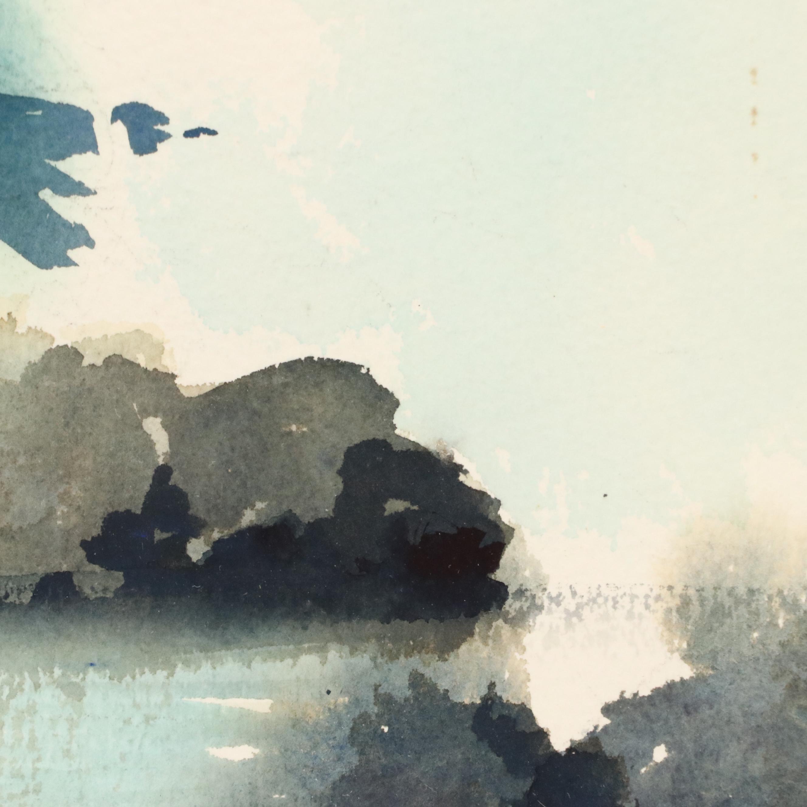 Watercolor Painting of House on Rocky Beach, Mid-20th Century