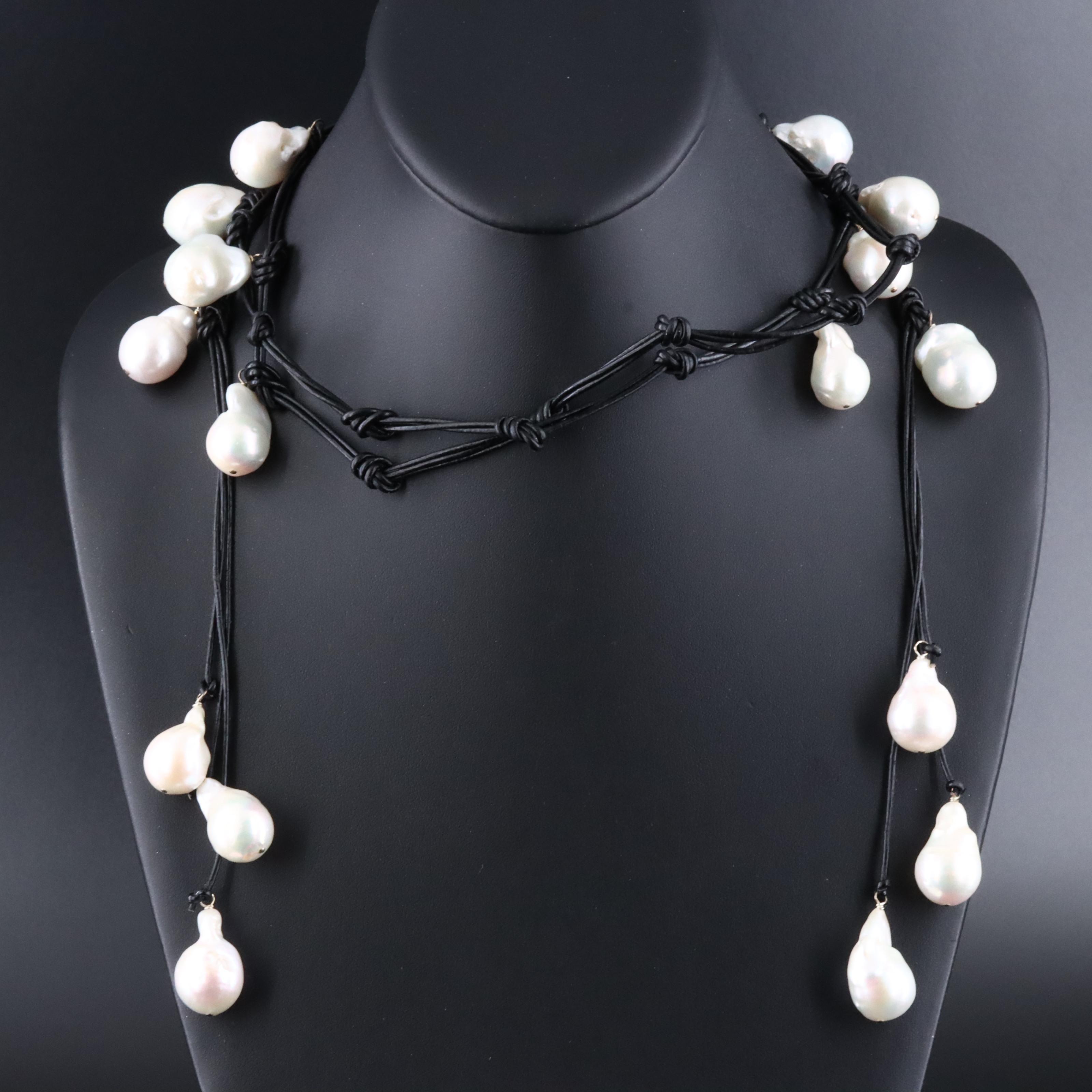 Baroque Pearl and Leather Cord Sautoir