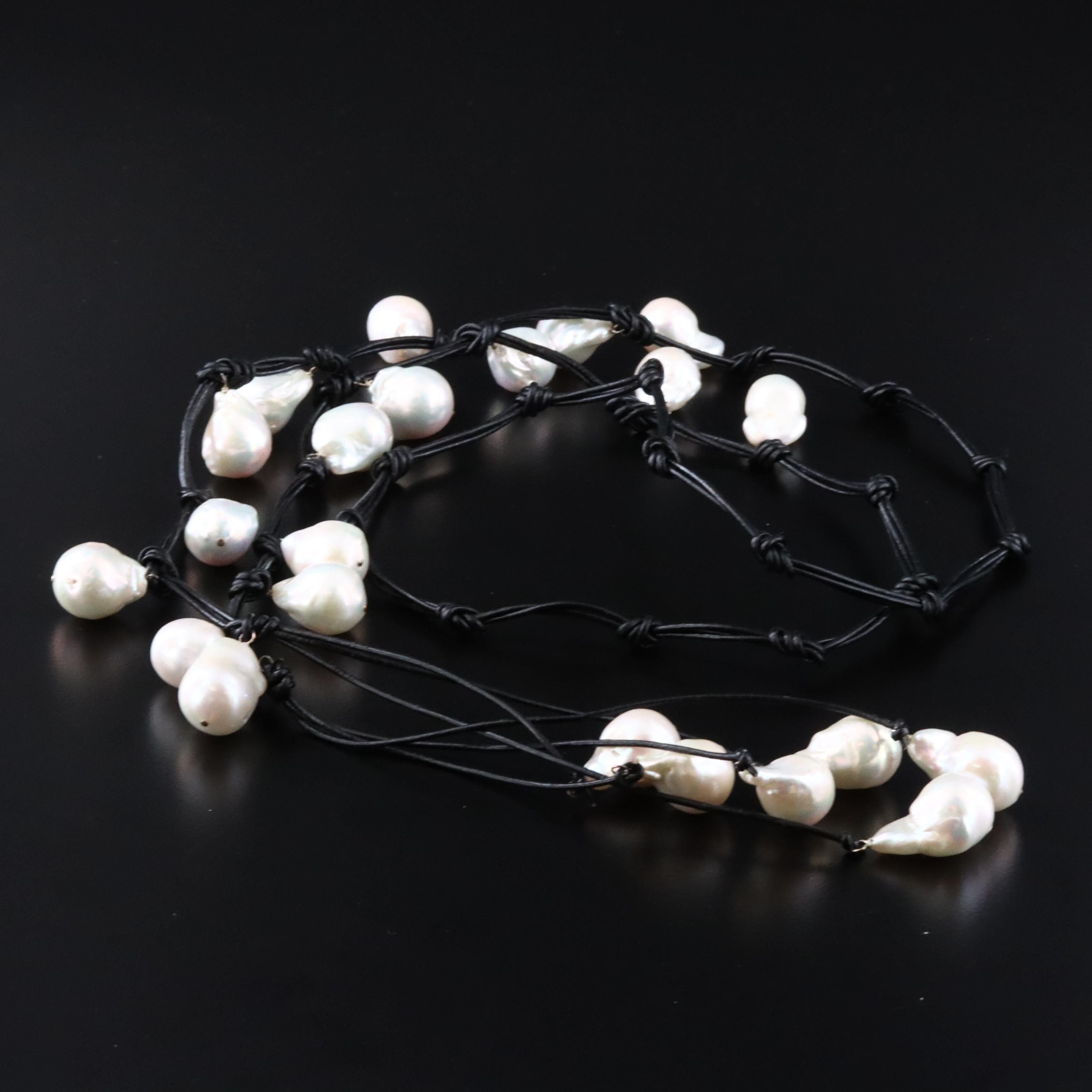 Baroque Pearl and Leather Cord Sautoir