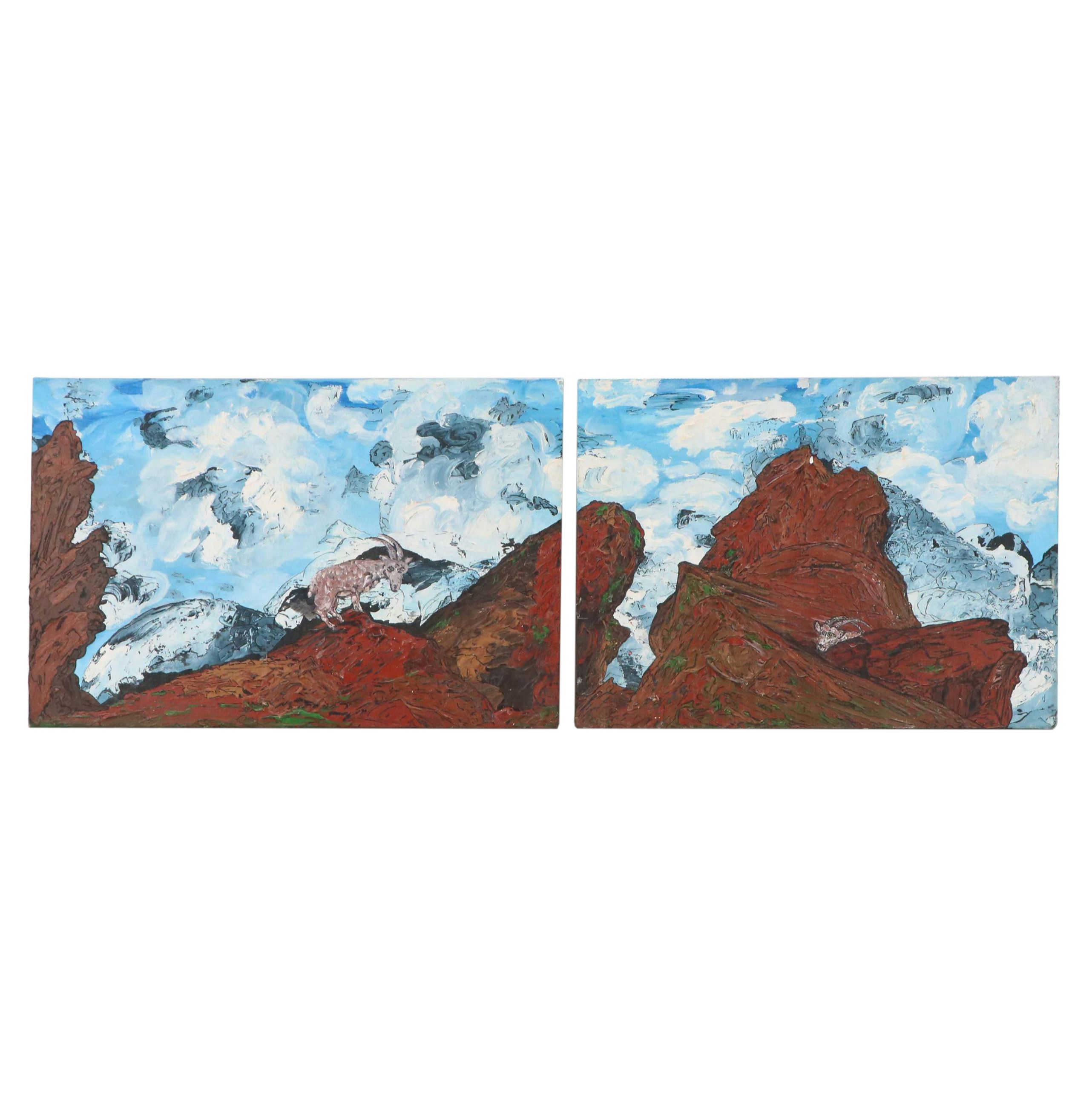 Stylized Diptych Oil Paintings of Mountain Goats "Unsteady At The Top," 1992