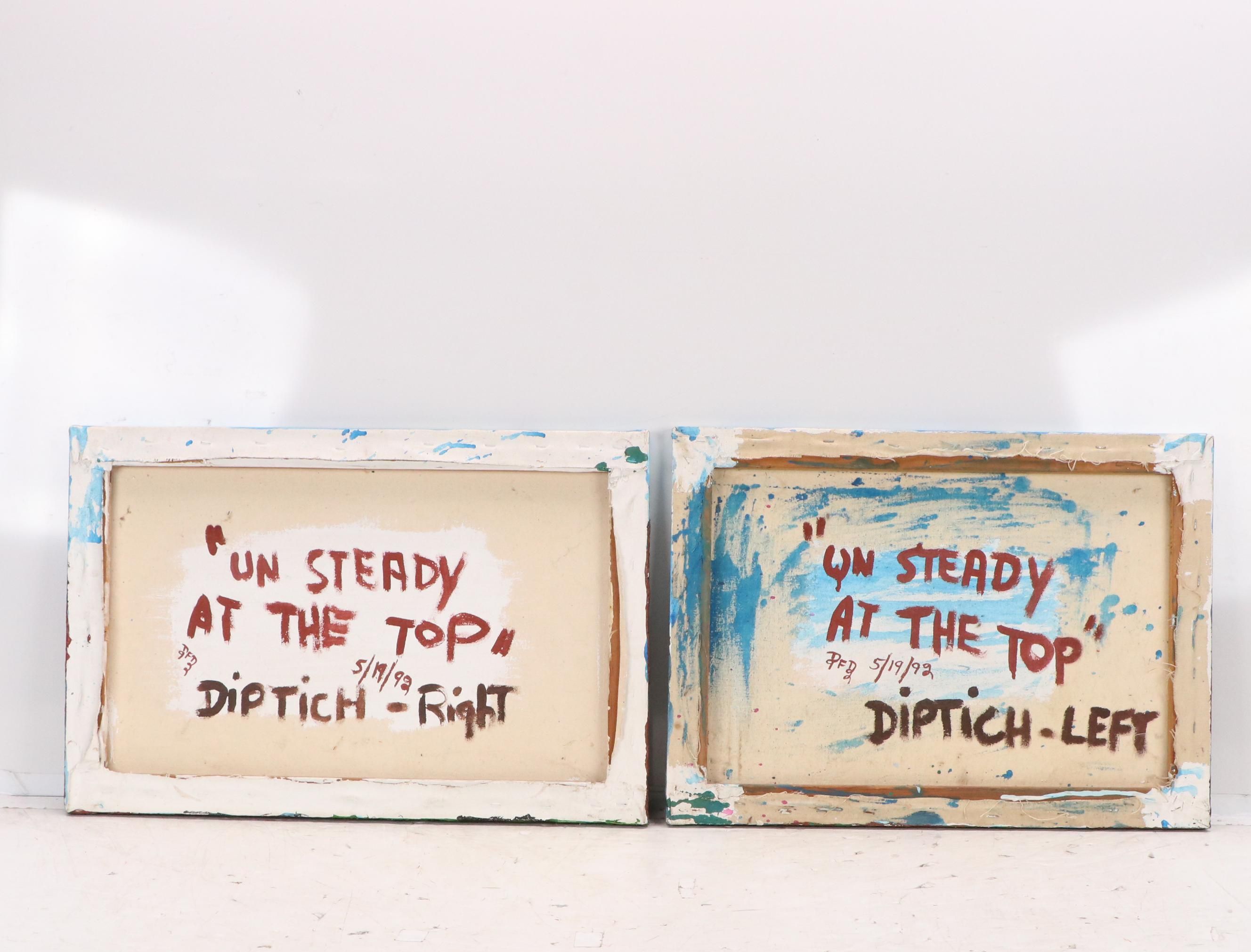 Stylized Diptych Oil Paintings of Mountain Goats "Unsteady At The Top," 1992