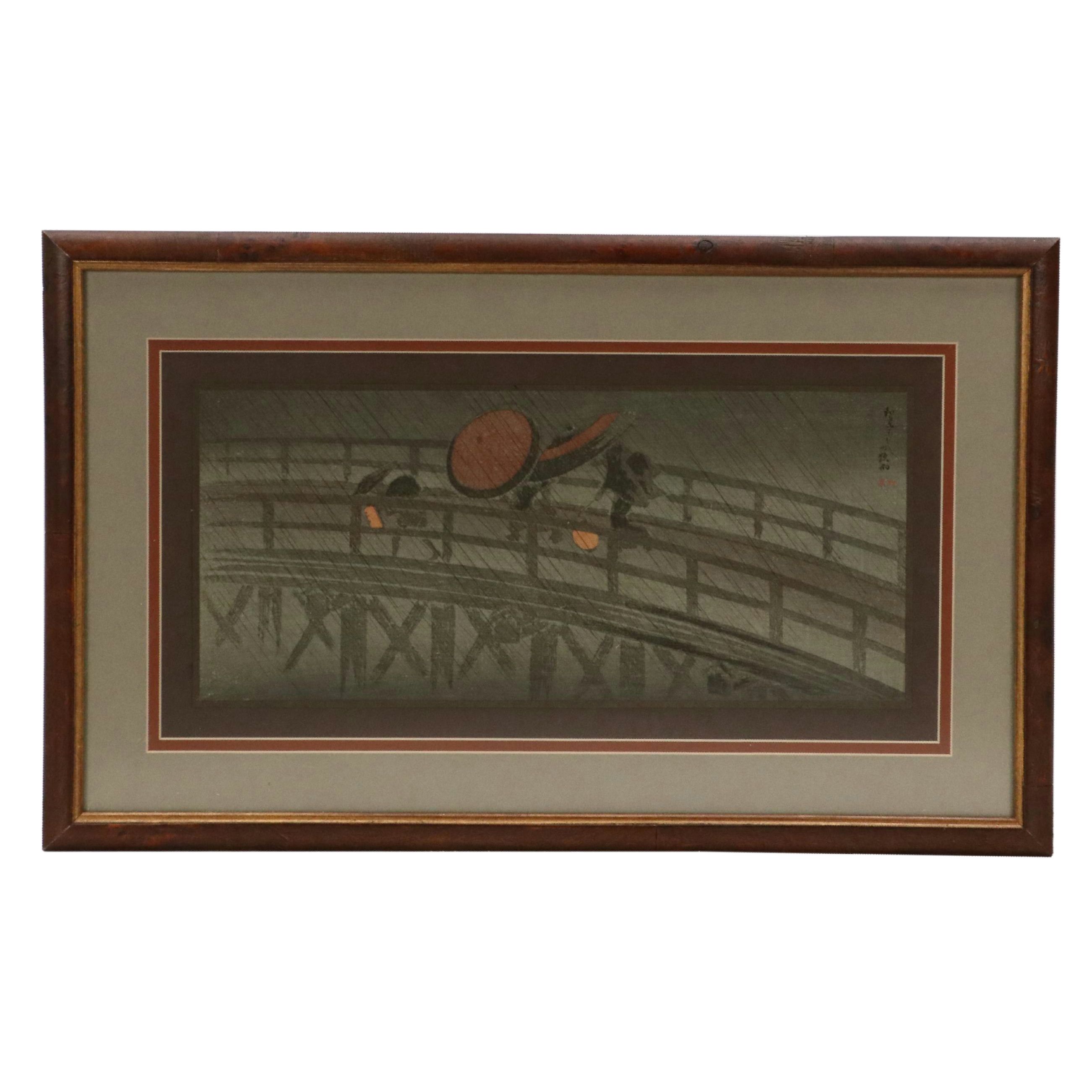 Takahashi Shōtei Woodblock "Night Shower..." Early 20th Century