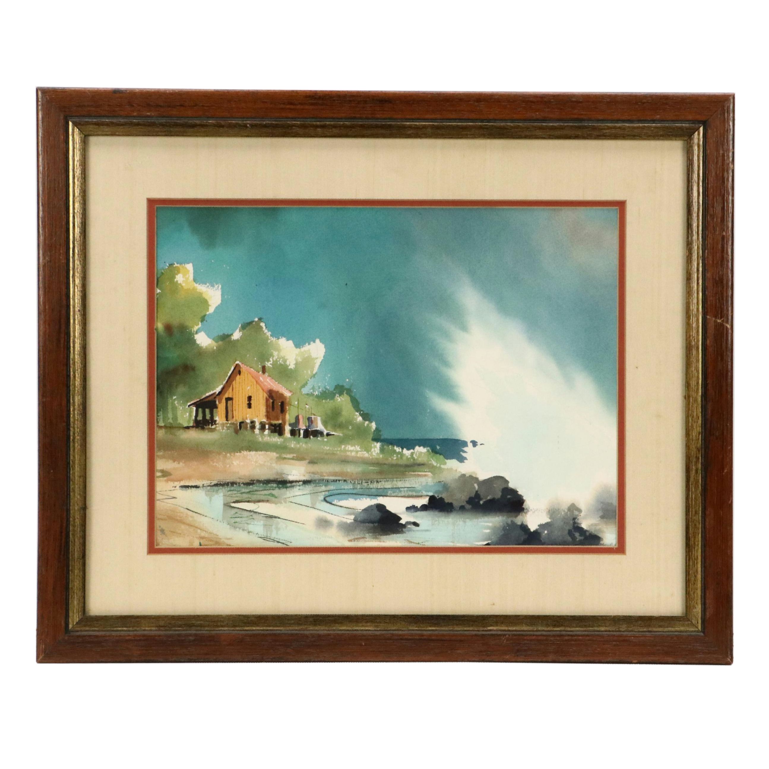 Watercolor Painting of House on Rocky Beach, Mid-20th Century