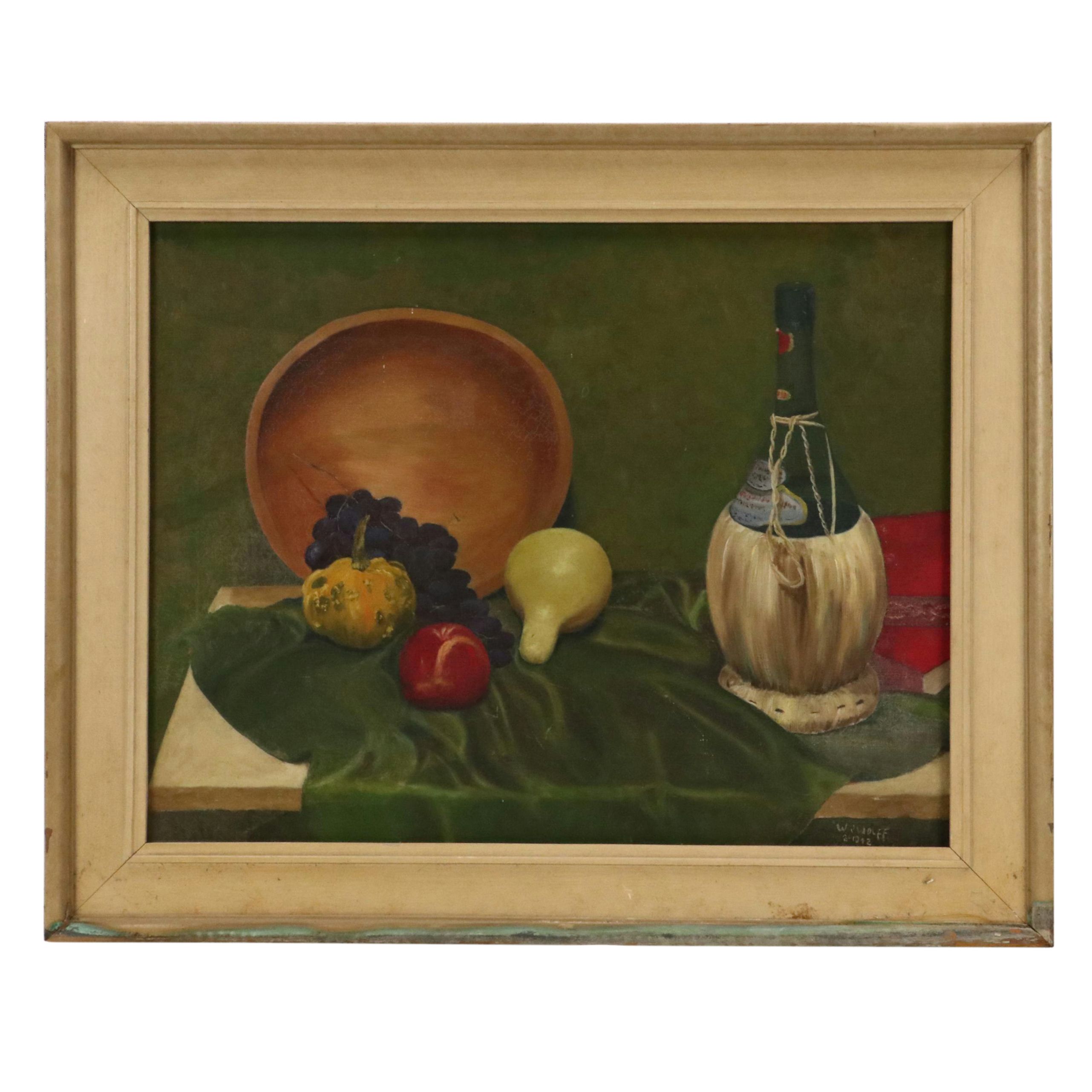 Oil Painting of Still Life with Wine Bottle, Circa 1940