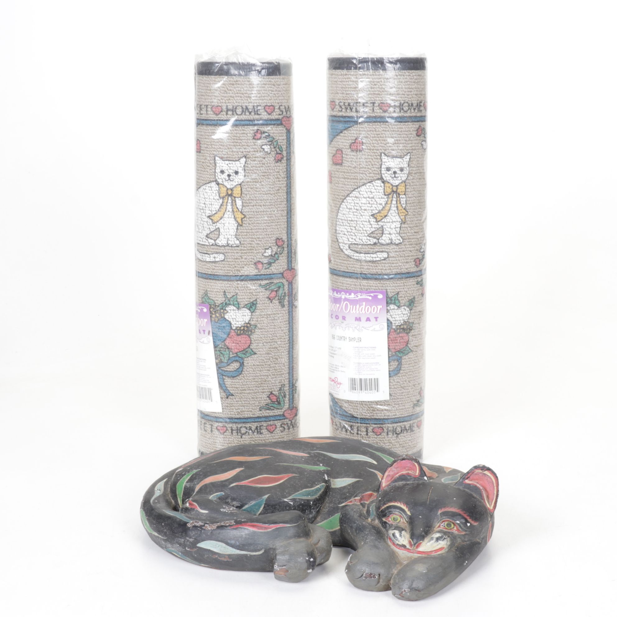 Hand-Painted Cat Statue with "Home Sweet Home" Door Mats