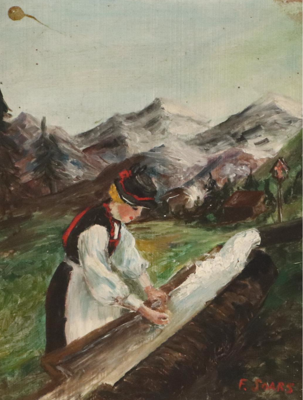 Oil Painting of Swiss Woman in Alpine Setting, 20th Century