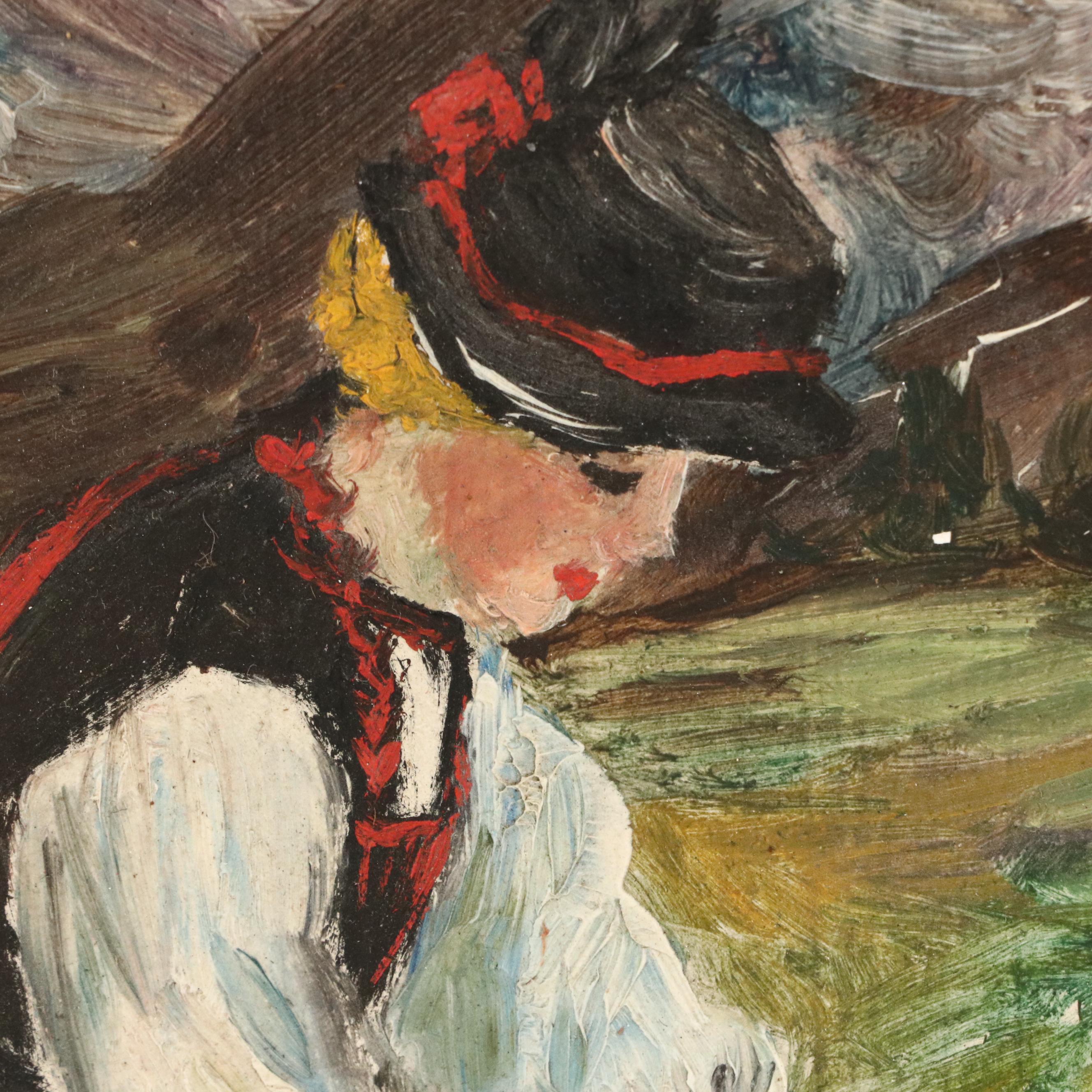 Oil Painting of Swiss Woman in Alpine Setting, 20th Century