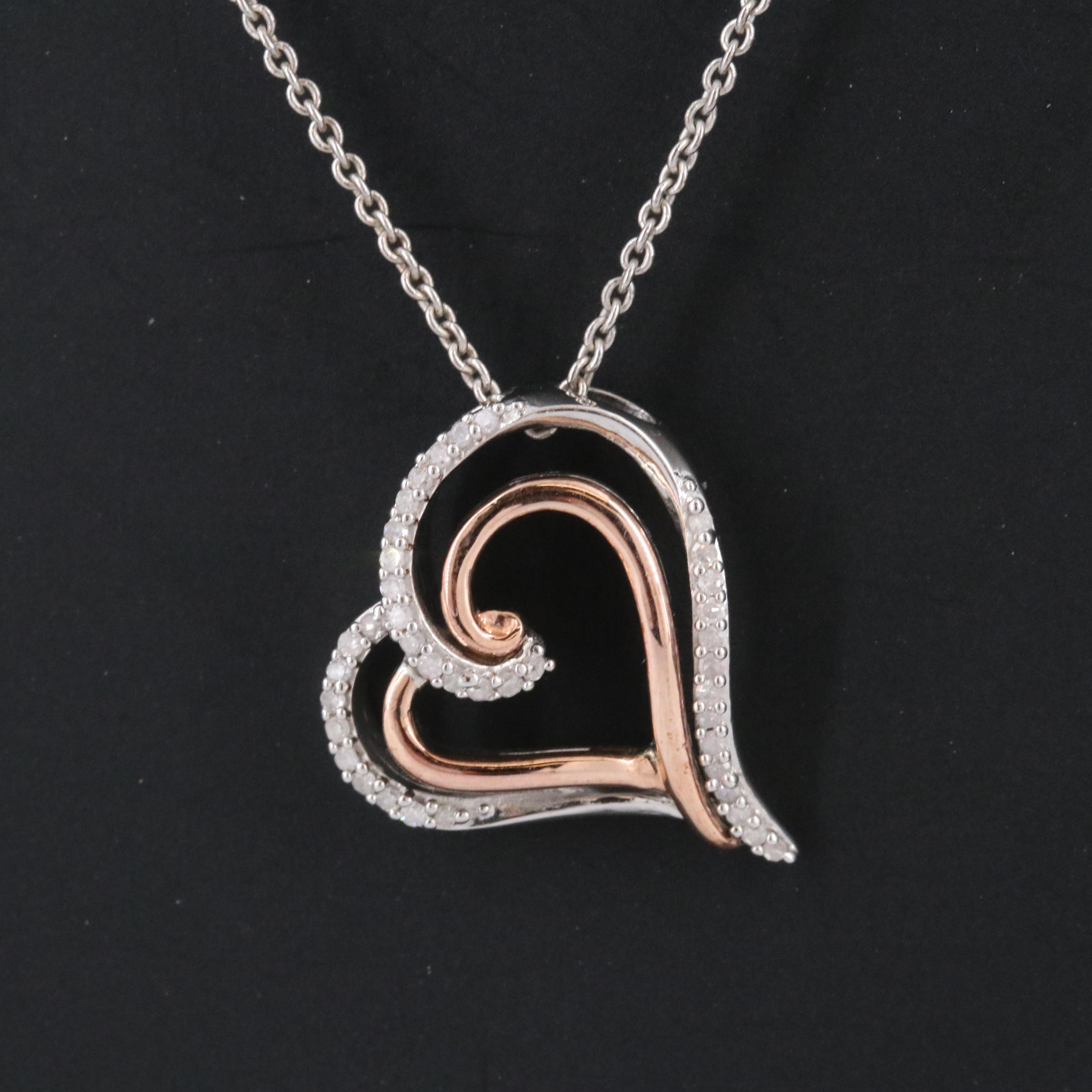 Sterling Diamond Heart Pendant Necklace with 10K Rose Gold Accent