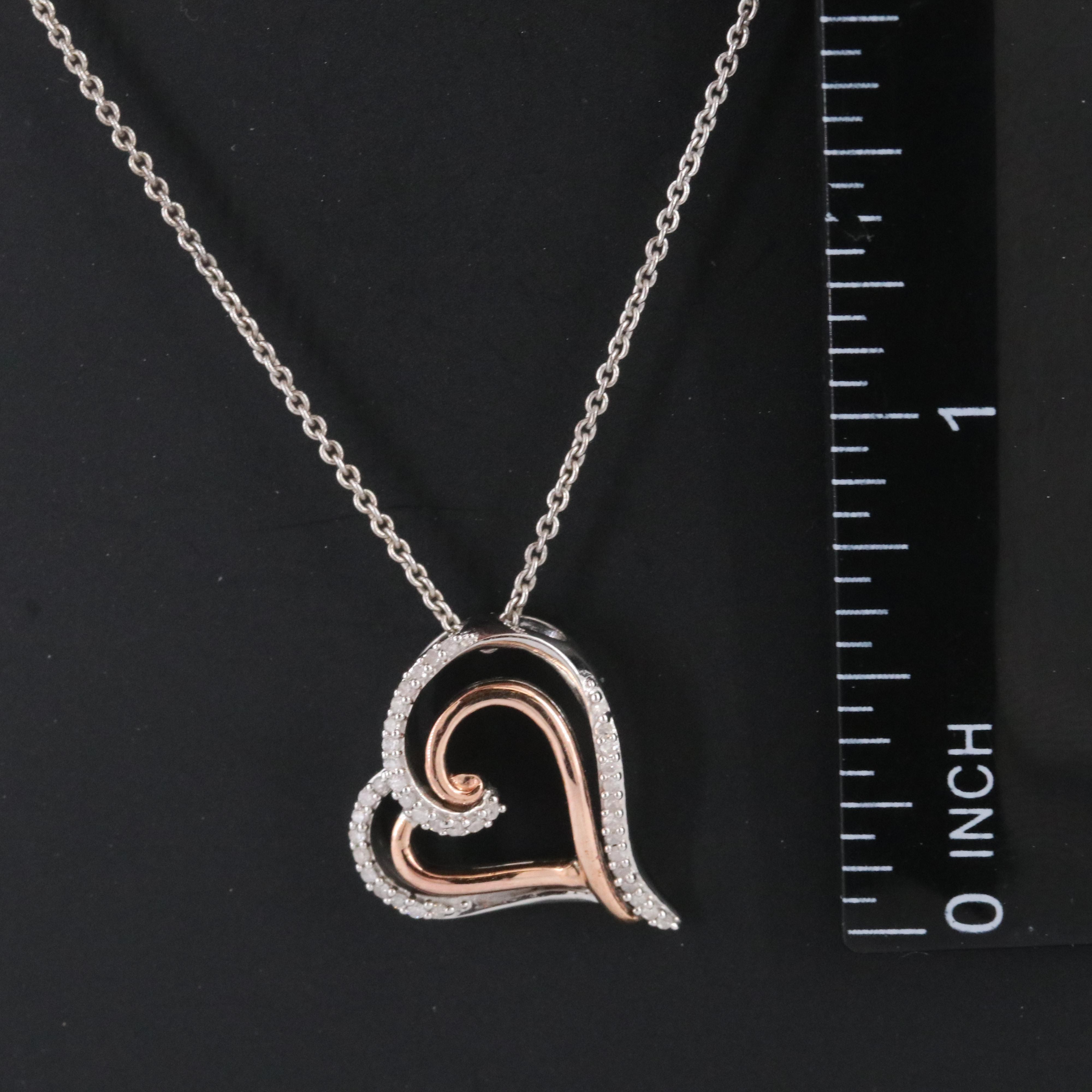 Sterling Diamond Heart Pendant Necklace with 10K Rose Gold Accent