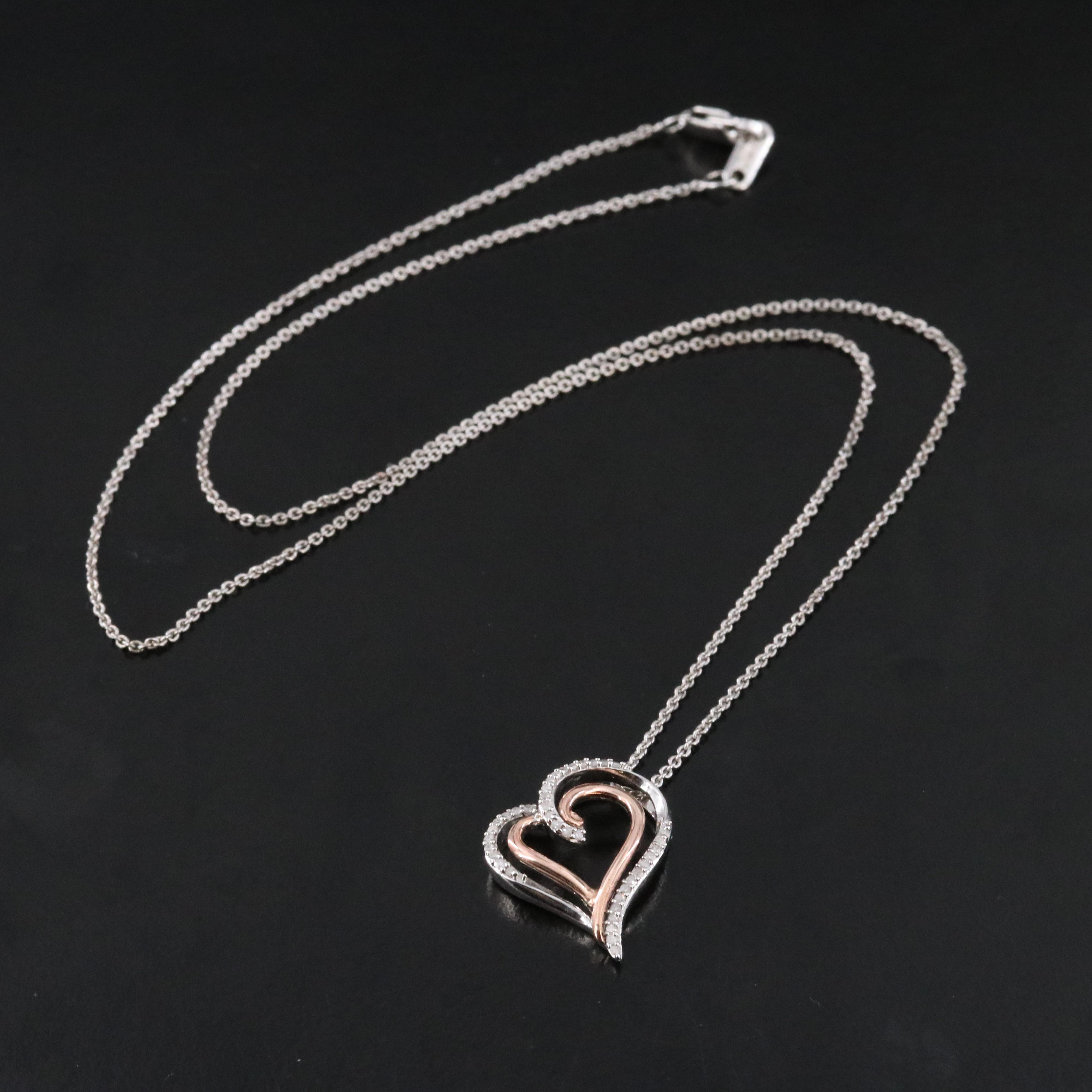Sterling Diamond Heart Pendant Necklace with 10K Rose Gold Accent