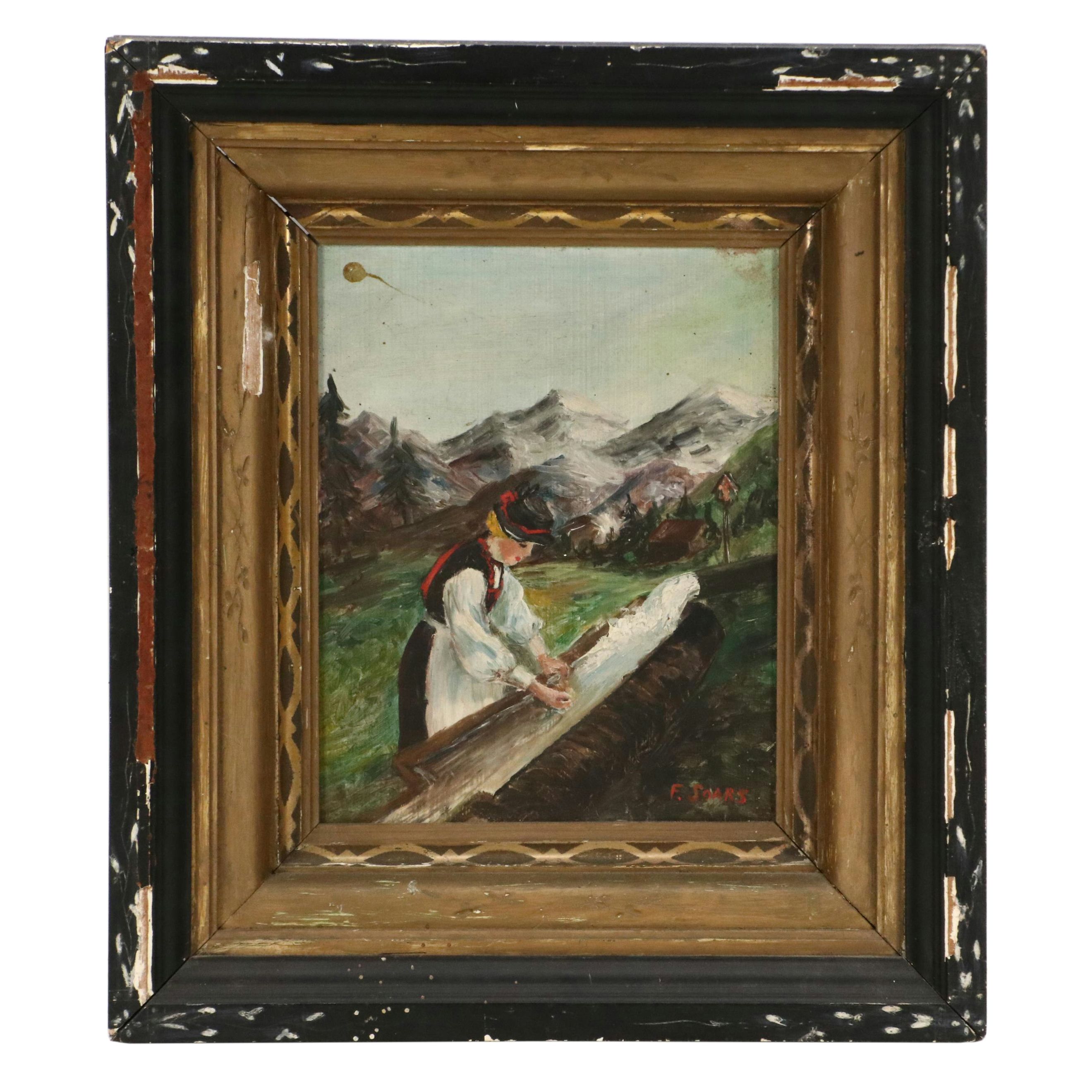 Oil Painting of Swiss Woman in Alpine Setting, 20th Century