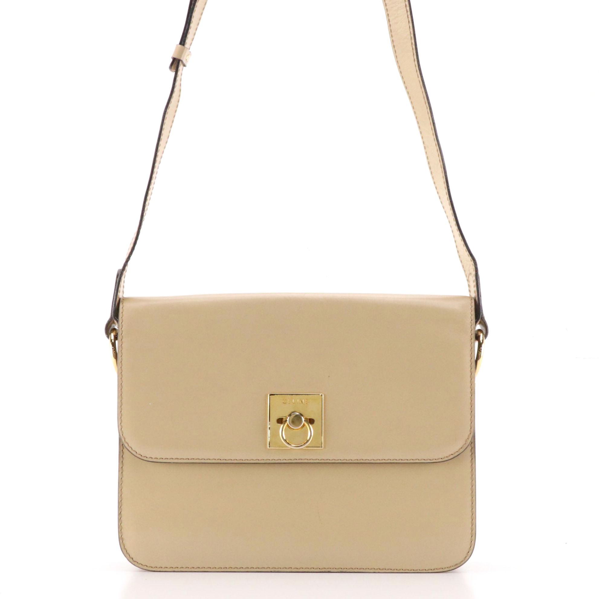 Celine Crossbody Ring Closure Flap Top Bag in Neutral Leather
