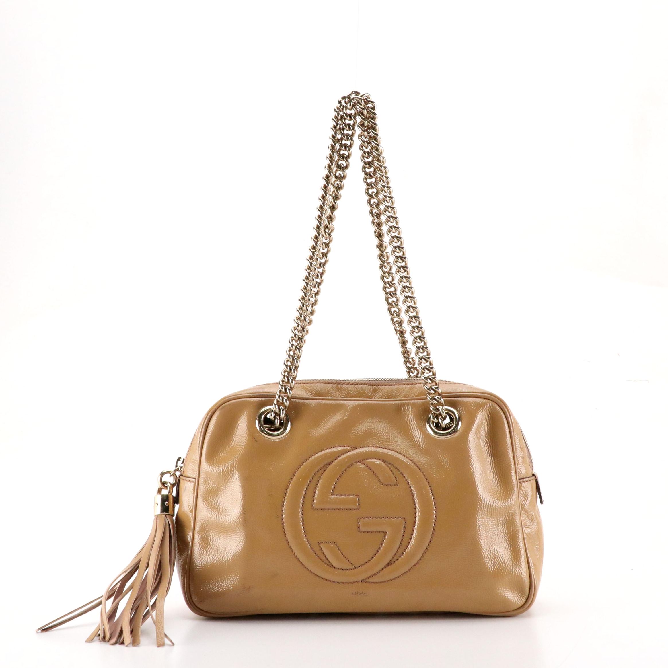 Gucci Soho Tassel-Zip Bowler Bag in Beige Patent Leather