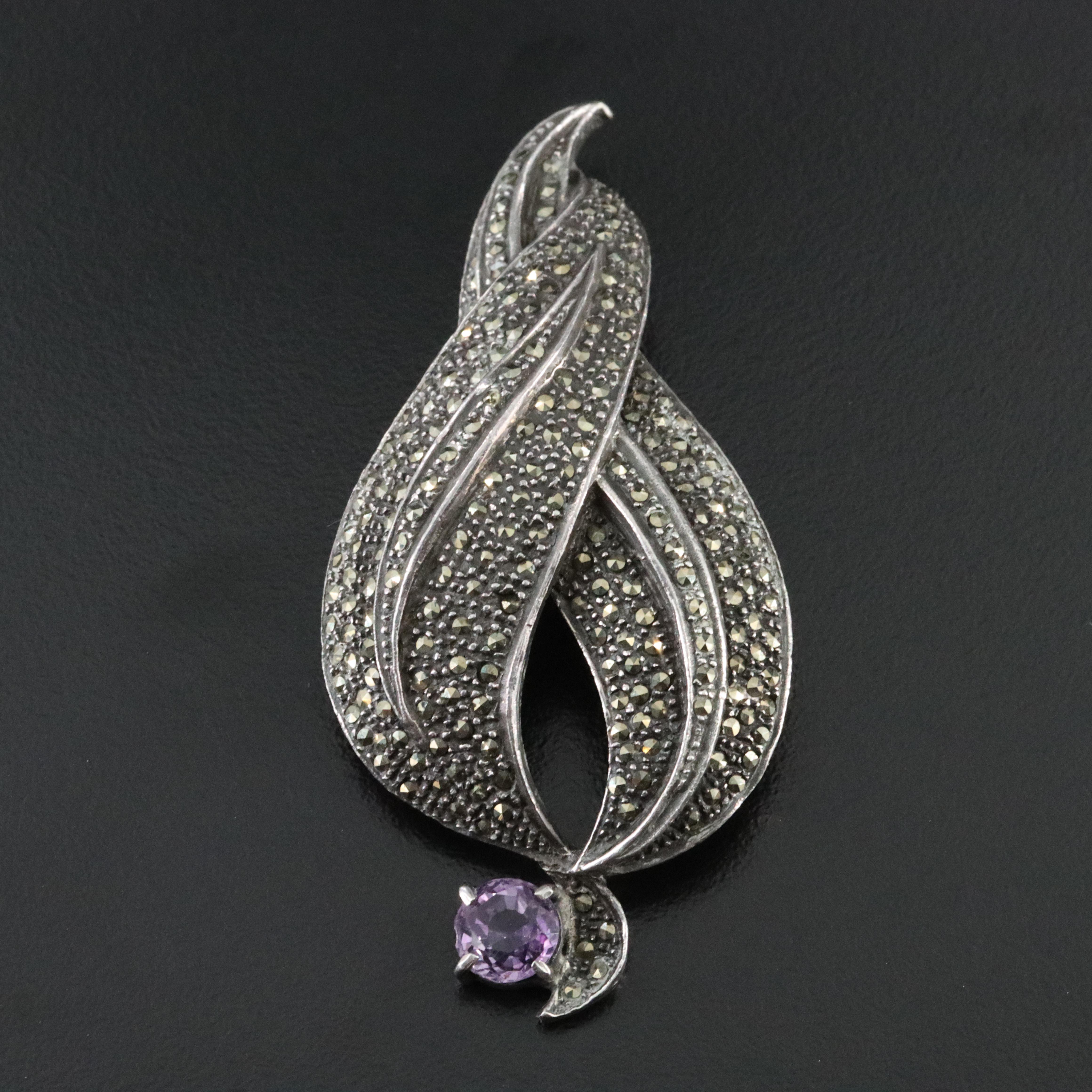 Sterling Amethyst and Marcasite Brooch