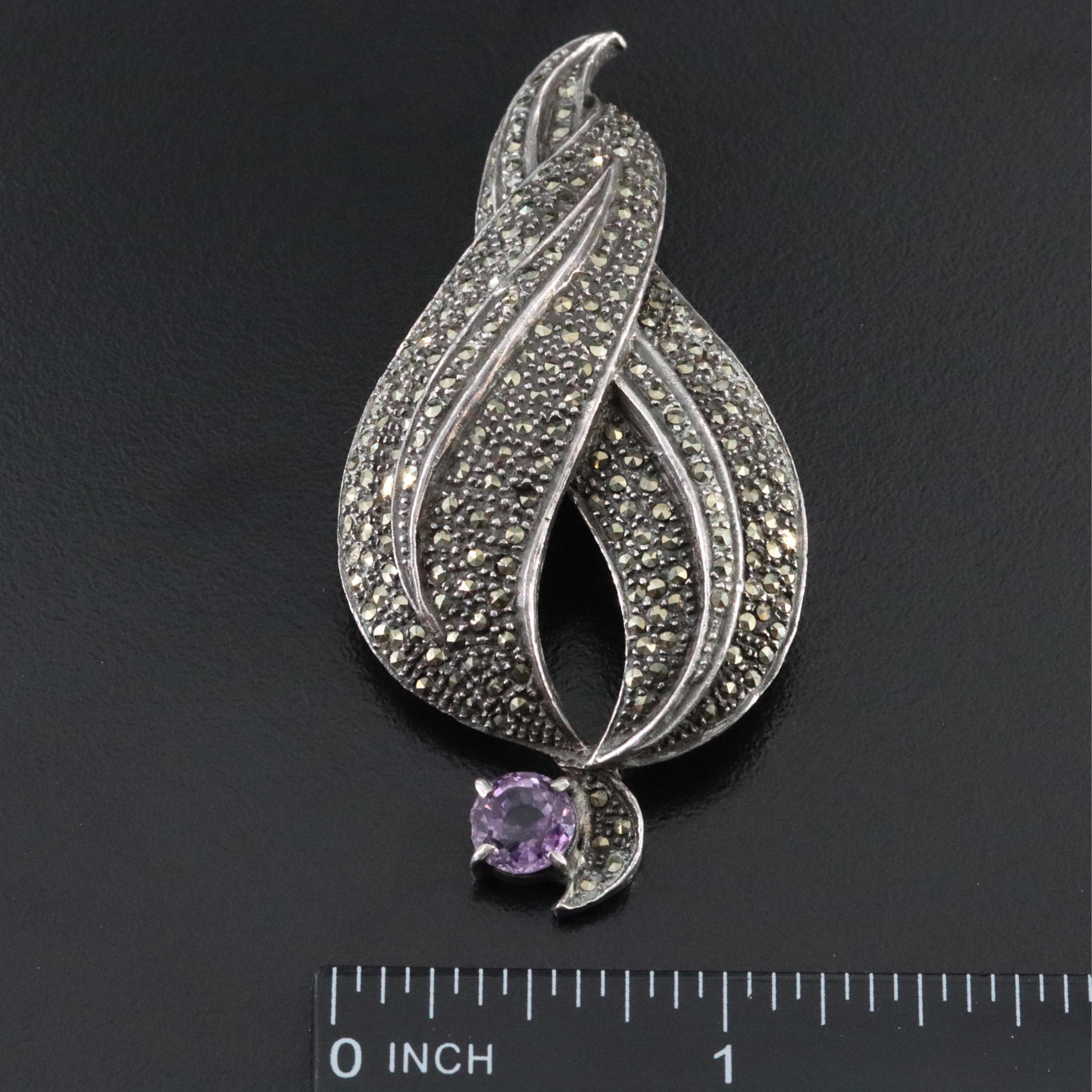 Sterling Amethyst and Marcasite Brooch