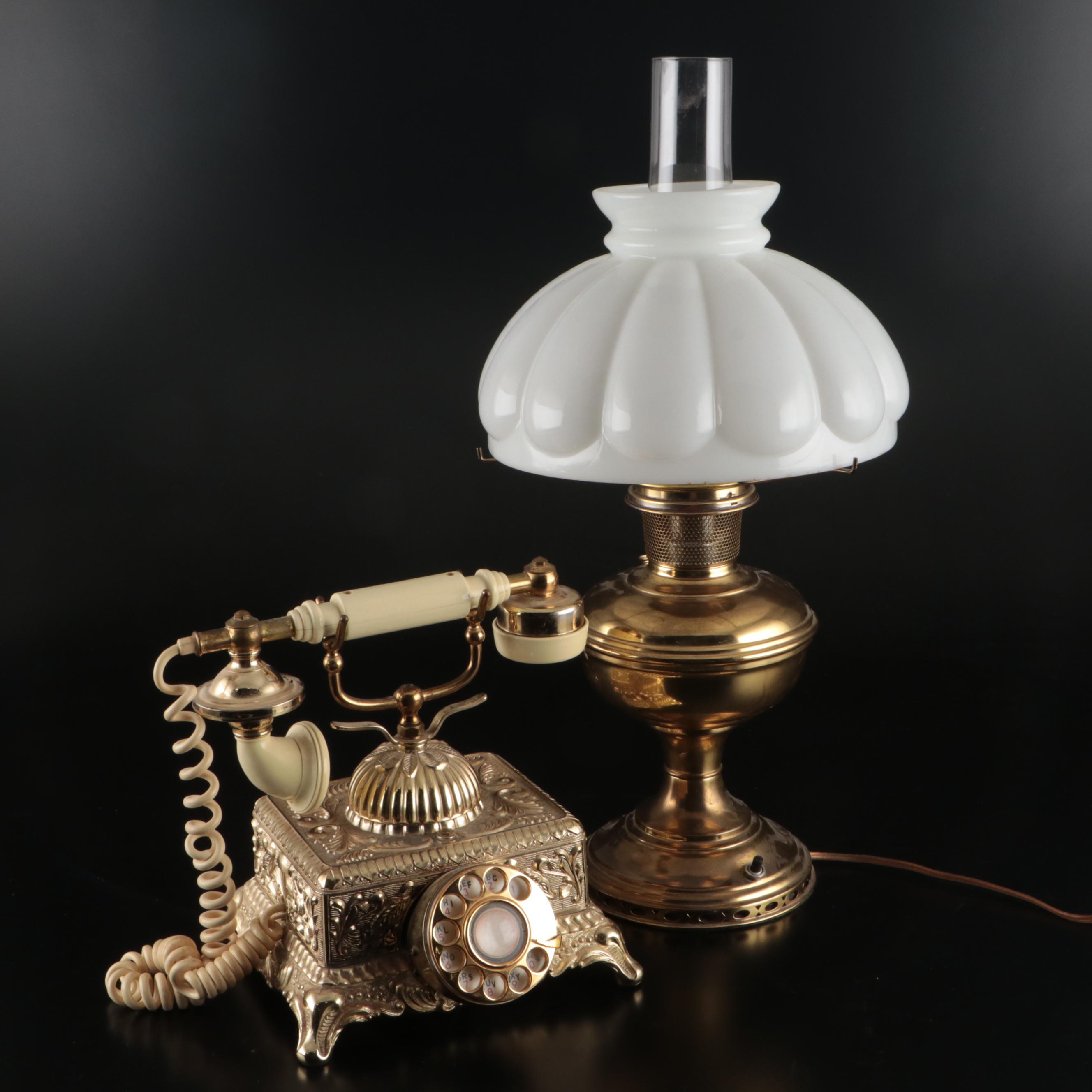 Victorian Brass Table Lamp with Ornate Brass Radio Shack Telephone
