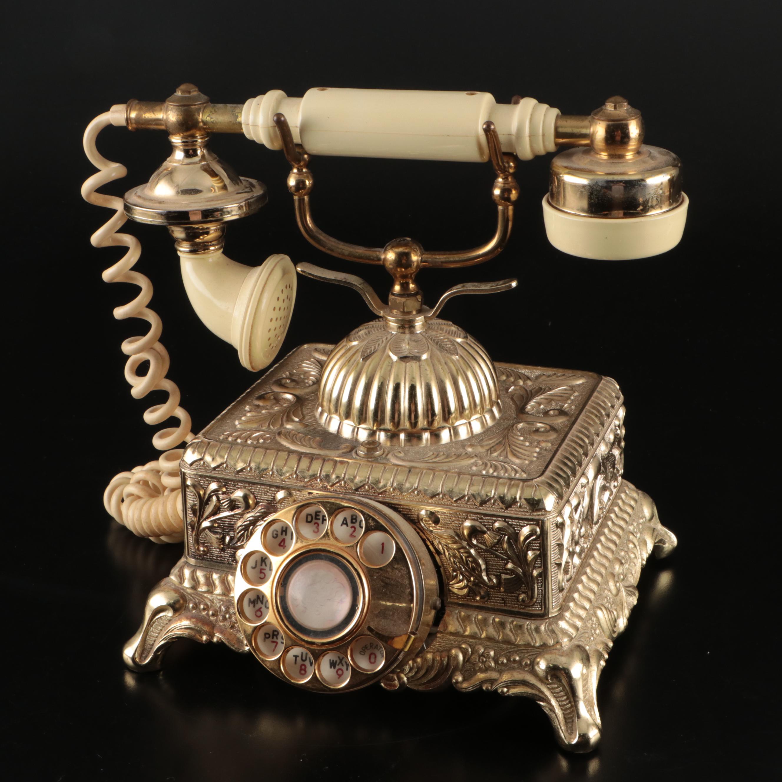 Victorian Brass Table Lamp with Ornate Brass Radio Shack Telephone
