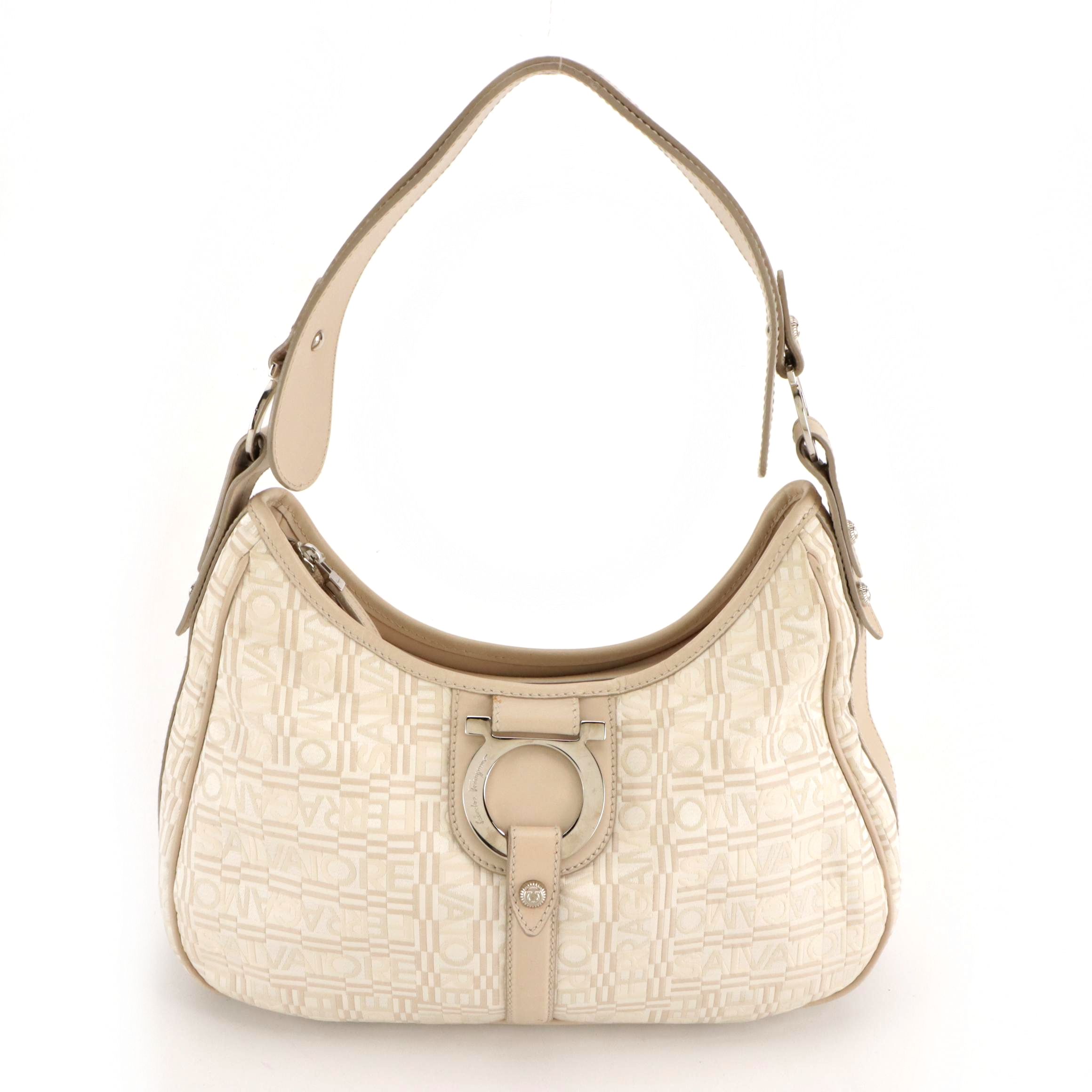 Salvatore Ferragamo Gancini Shoulder Bag in Logo Jacquard and Bone Leather Trim