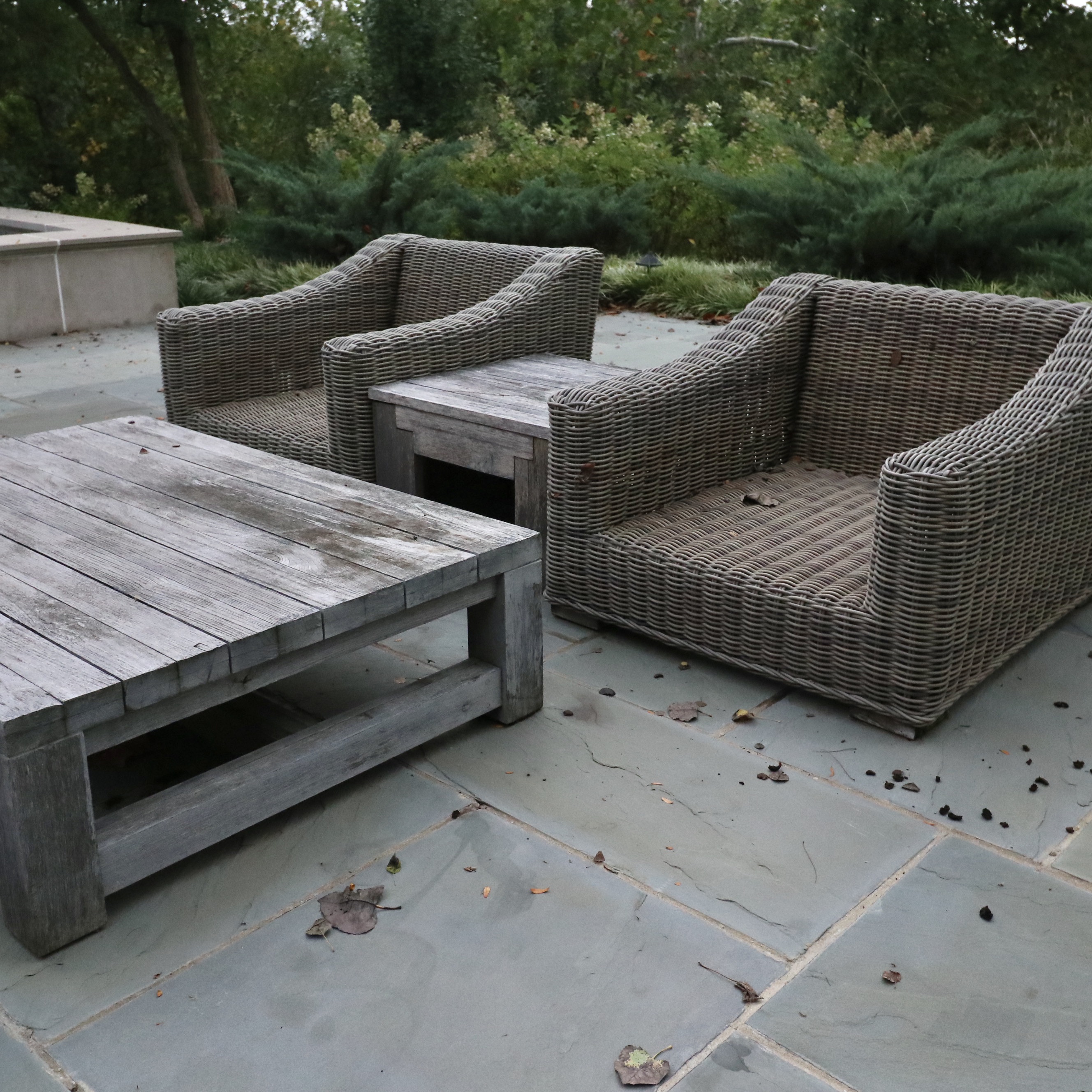Restoration Hardware PE Rattan Outdoor Seating with Canvas Cushions, & Tables