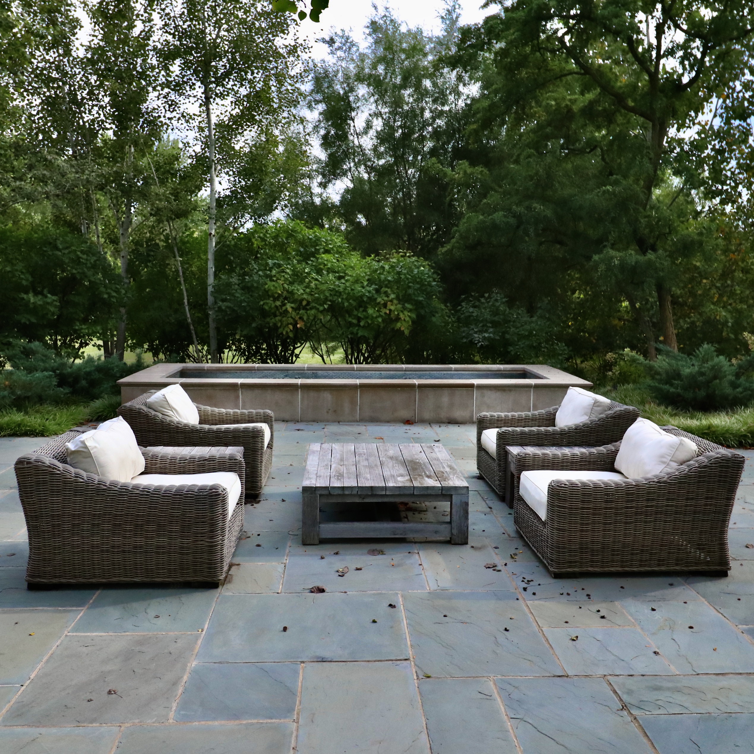 Restoration Hardware PE Rattan Outdoor Seating with Canvas Cushions, & Tables