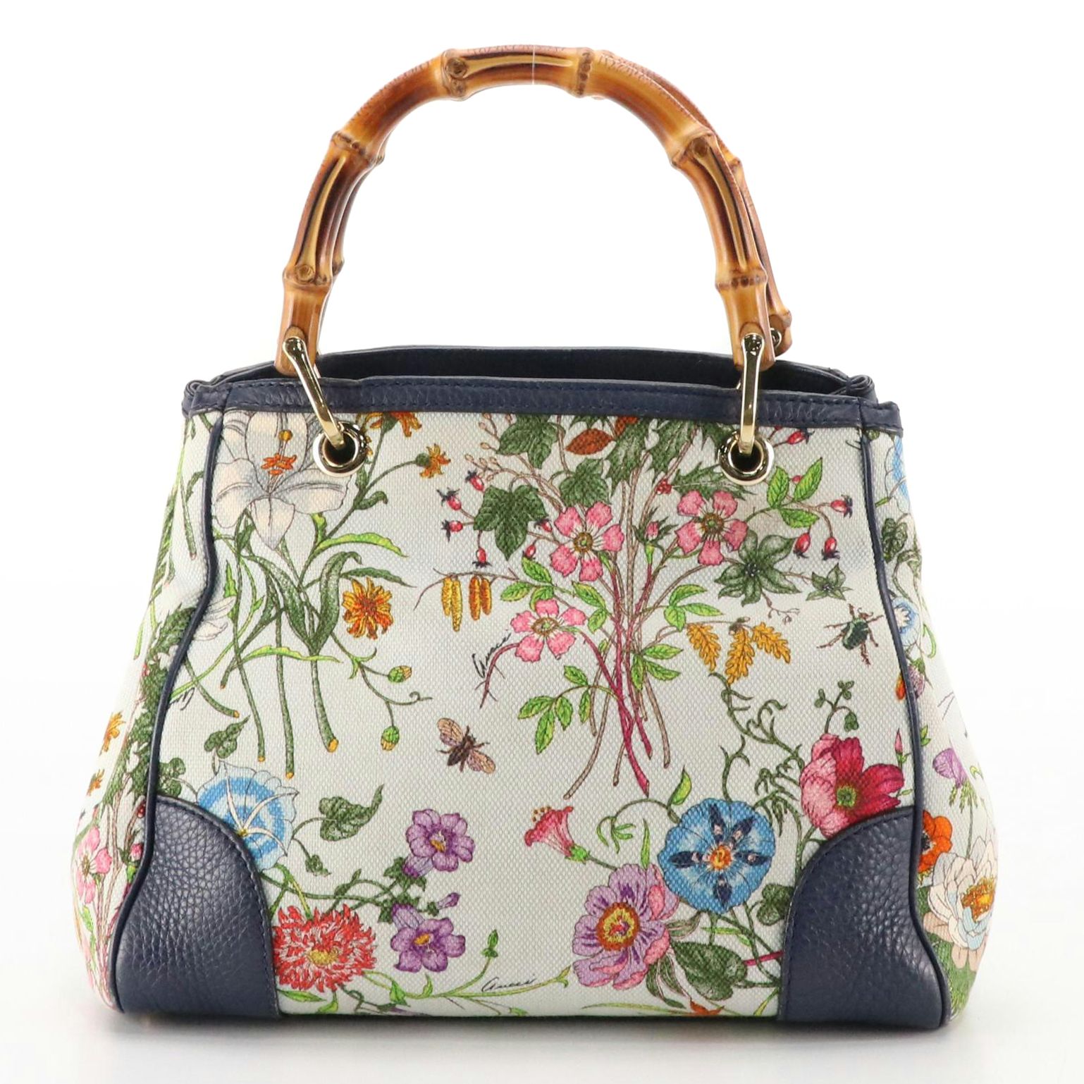 Gucci Bamboo Handle Shopper Tote in Flora Canvas and Deep Blue Calfskin Leather
