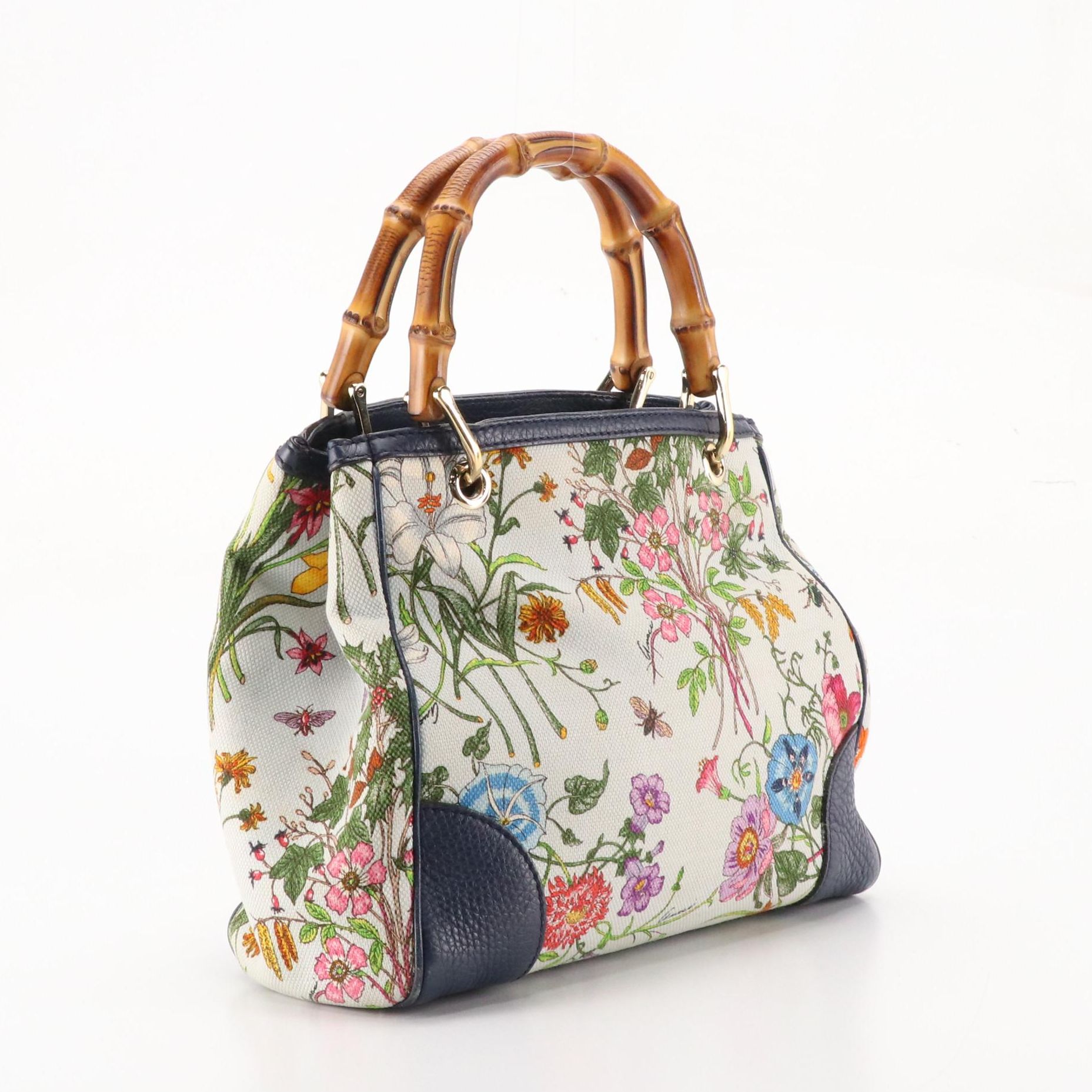 Gucci Bamboo Handle Shopper Tote in Flora Canvas and Deep Blue Calfskin Leather