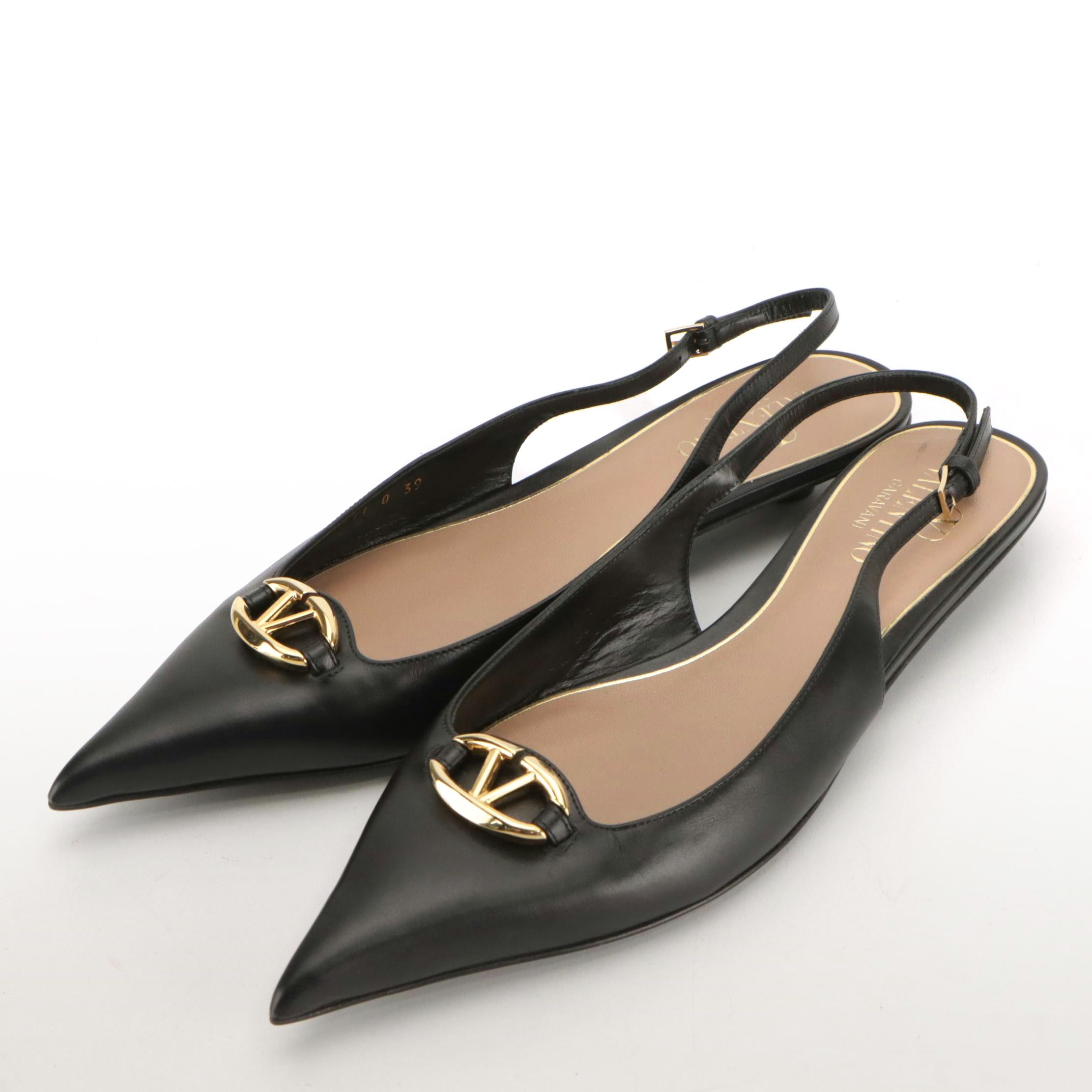 Valentino Garavani VLogo Pointed-Toe Slingback Flats in Black Calfskin Leather